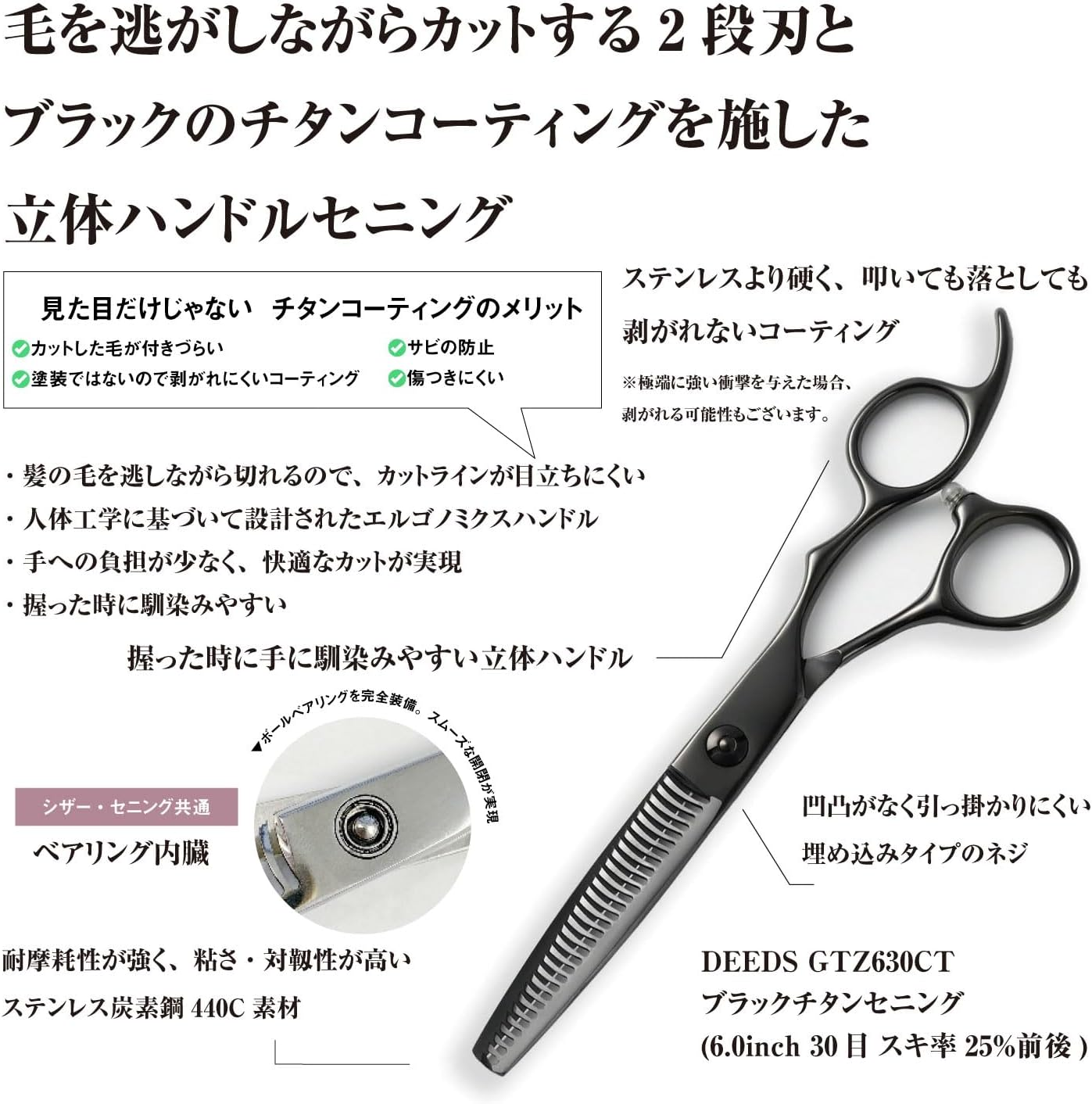 Deeds GTZB-630CT Black Titanium Three-Dimensional Handle Sening (6.0 Inches, Skiing Ratio around 25%) image number 2