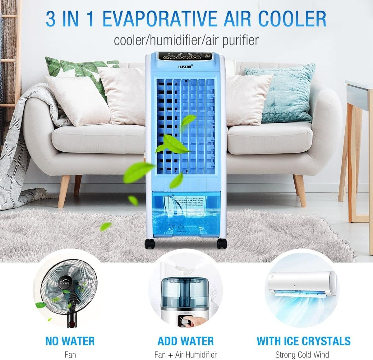 Maxkon 3In1 Evaporative Air Cooler, 7L Water Tank Quiet Fan, Purifier Humidifier Portable Cooling Fan,3 Modes Blue image number 6