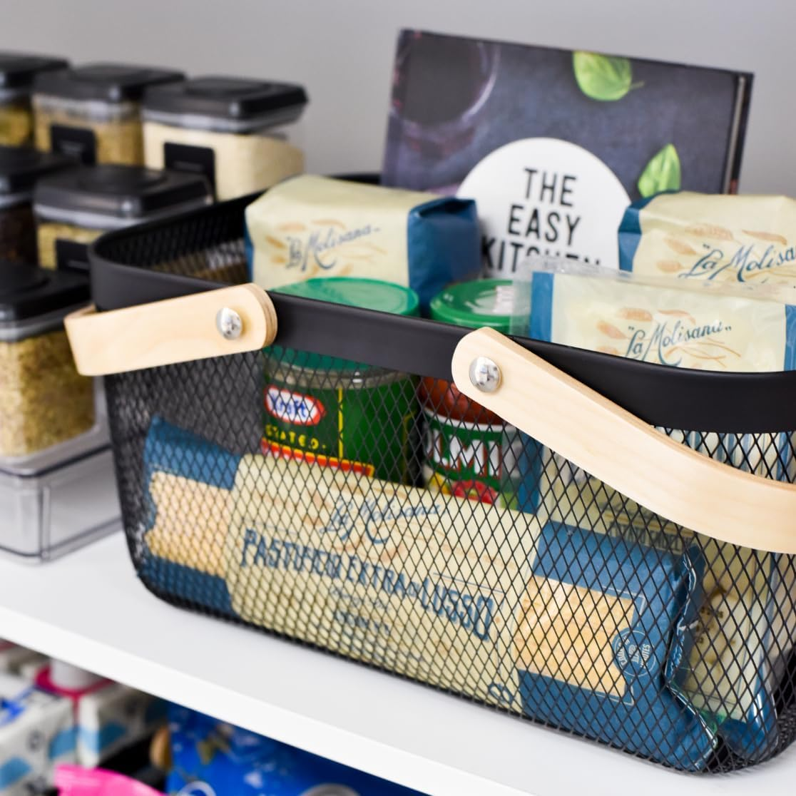 Blissful Little Home Mesh Storage Basket Set of 6 &ndash; Metal Wire Organiser Bins with Handles, Durable Powder-Coated Black Baskets for Pantry, Kitchen, Laundry and Home Organisation