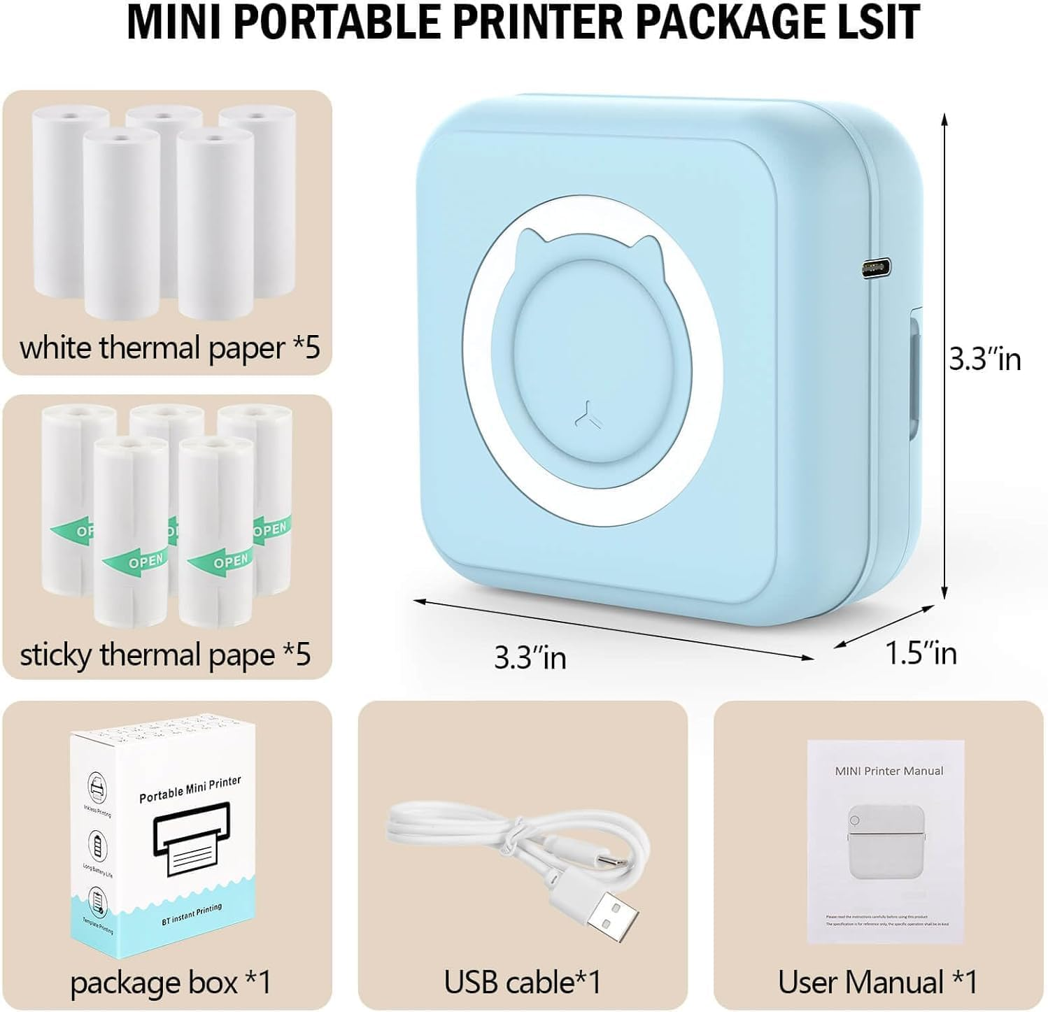 Pocket Printer for Iphone/Android,Wireless Mini Sticker Printer with 8Pcs Print Paper+5Pcs Sticke,Mini Pocket Printer for Customized, Portable Printer for OTES Journal Memo Photo Study (Blue) image number 1