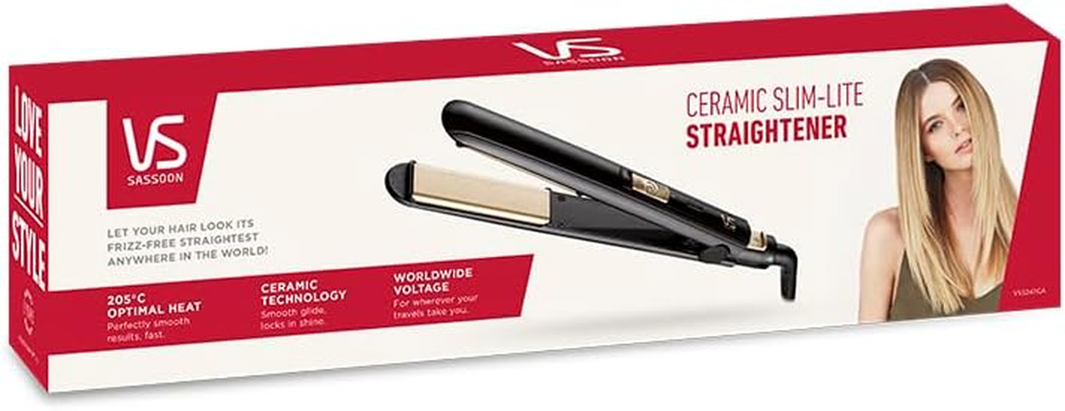 VS Sassoon Ceramic Slim-Lite Hair Straightener &ndash; Slim Flat Iron with 205&deg;C Heat, Smooth Glide Ceramic Plates for Shine, Lightweight Design, Multi Voltage for Global Travel
