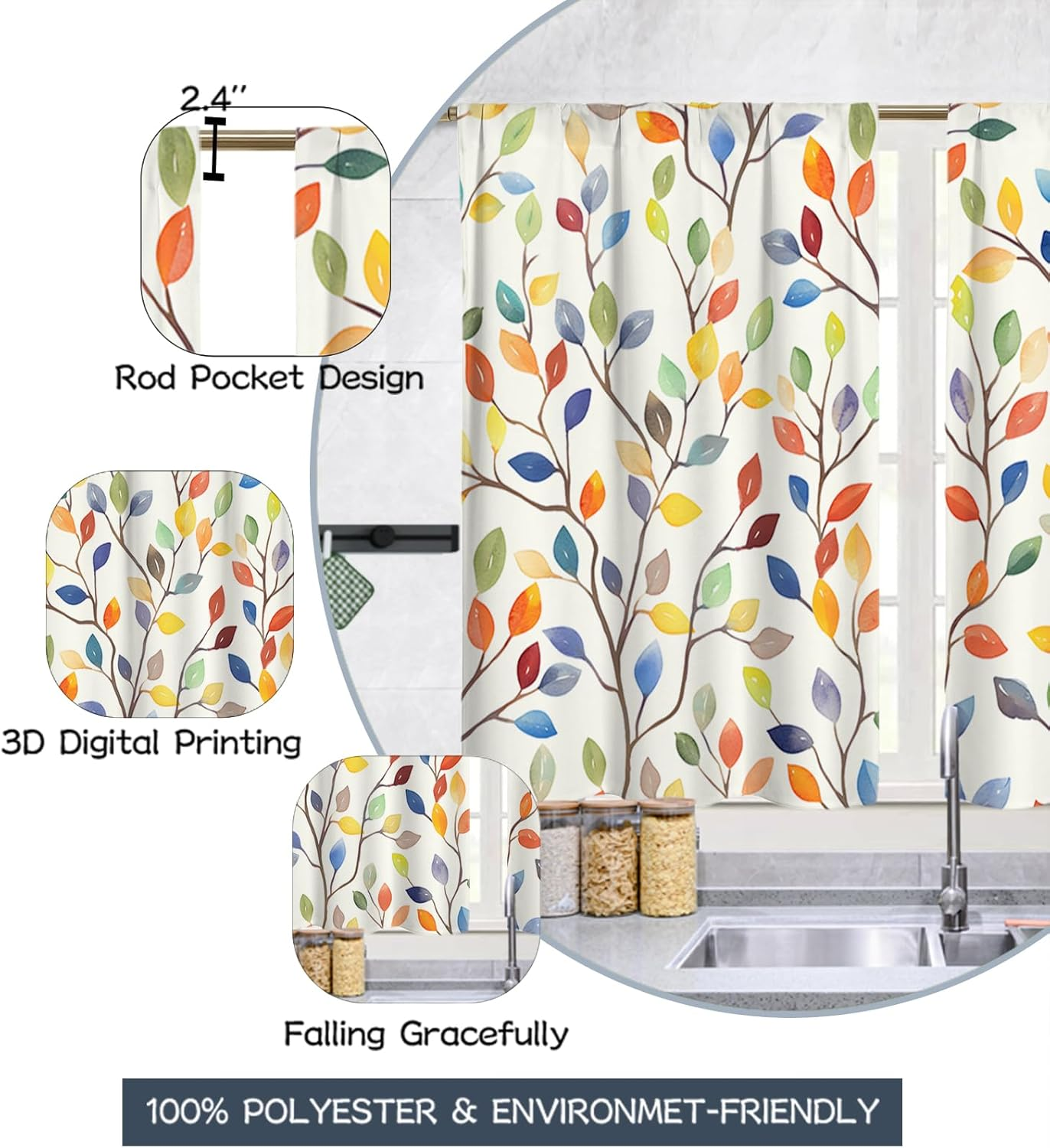 Floral Rustic Kitchen Curtains - Farmhouse Botanical Tier Drapes Kitchen Window Curtains 39 Inch X 27.5 Inch, Colorful Leaves Rod Pocket, 2 Panels Set (Cafe/Country Decor) image number 1