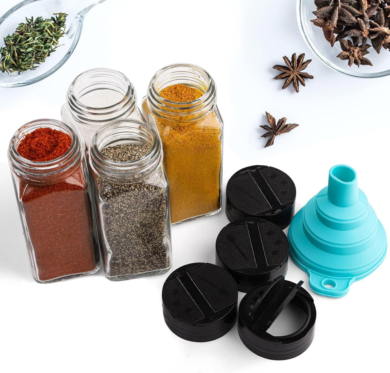 Veonly 24Pcs Square Glass Spice Jars Clear Spice Jars with Lids Labels Funnel Brush,1Pcs Silicone Collapsible ​Funnel Test Tube Brush Chalk Marker image number 4