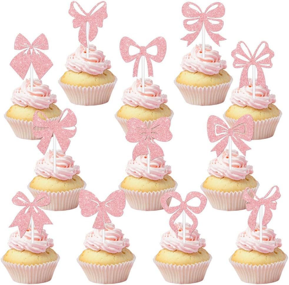 24Pcs Pink Bow Cupcake Toppers Bow Birthday Party Decorations Bowknot Cupcake Picks for Birthday Bridal Shower Wedding Themed Party Cake Decorations