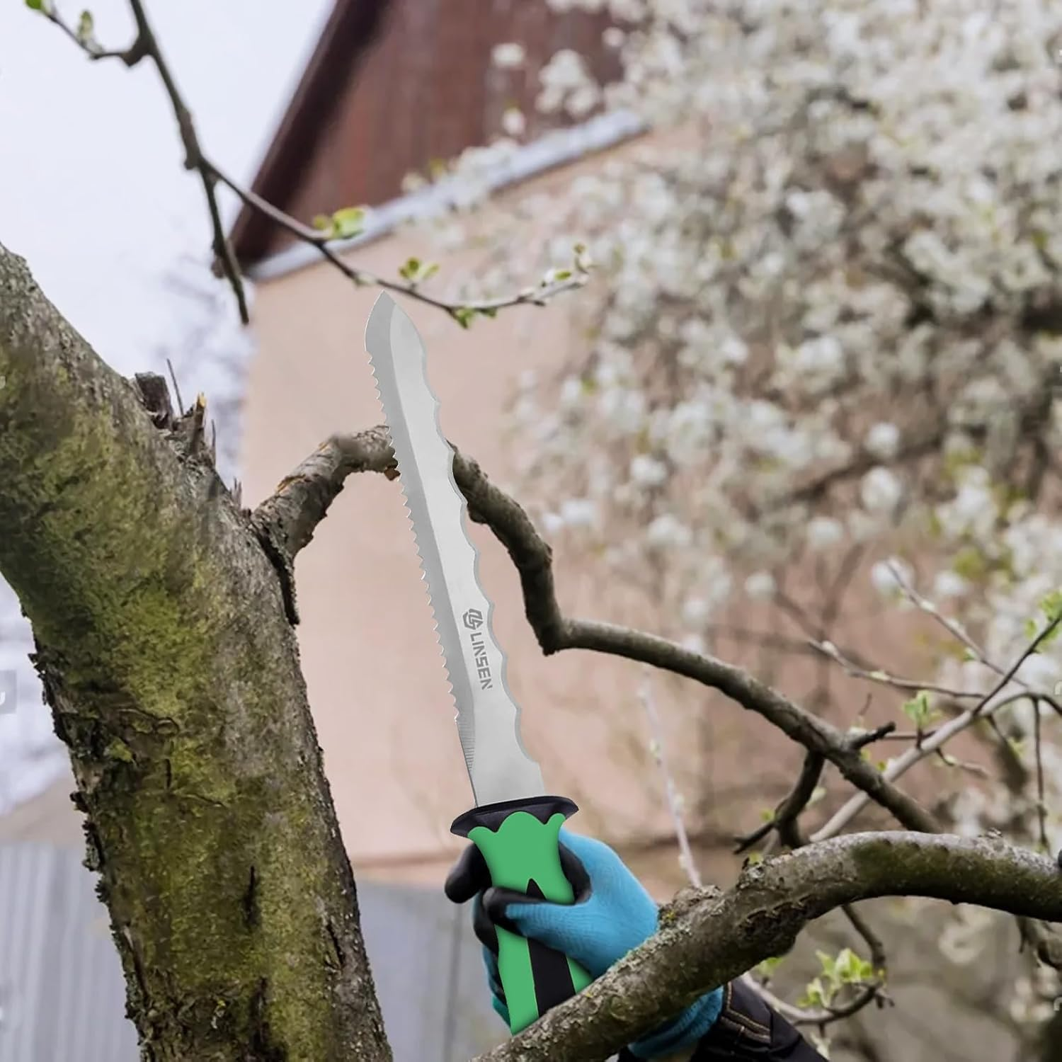 PAXLINSEN Stainless Steel Garden Knife with 7.8" Blade with New Handle, Double Side Utility Sod Cutter Lawn Repair Garden Knife with Nylon Sheath (GREEN) - Green image number 2