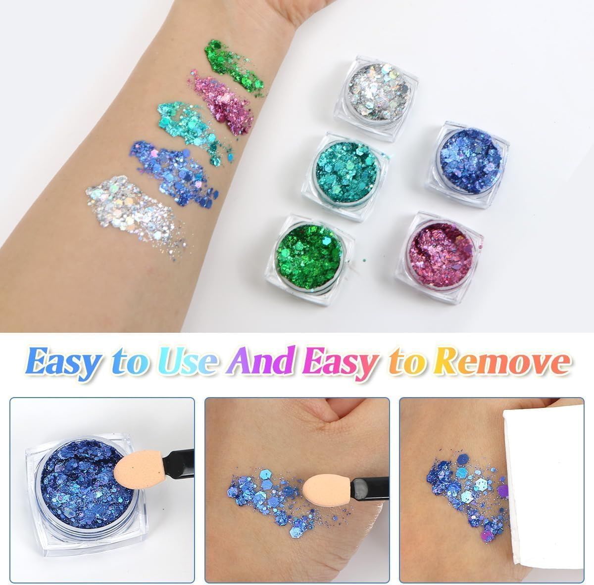 Face & Body Glitter Gel, 6 Shapes Festival Makeup Glitter, Chunky for Face Hair Nails, Holographic Cosmetic Laser Powder Festival Makeup (White, Glitter Gel) - Blue image number 3