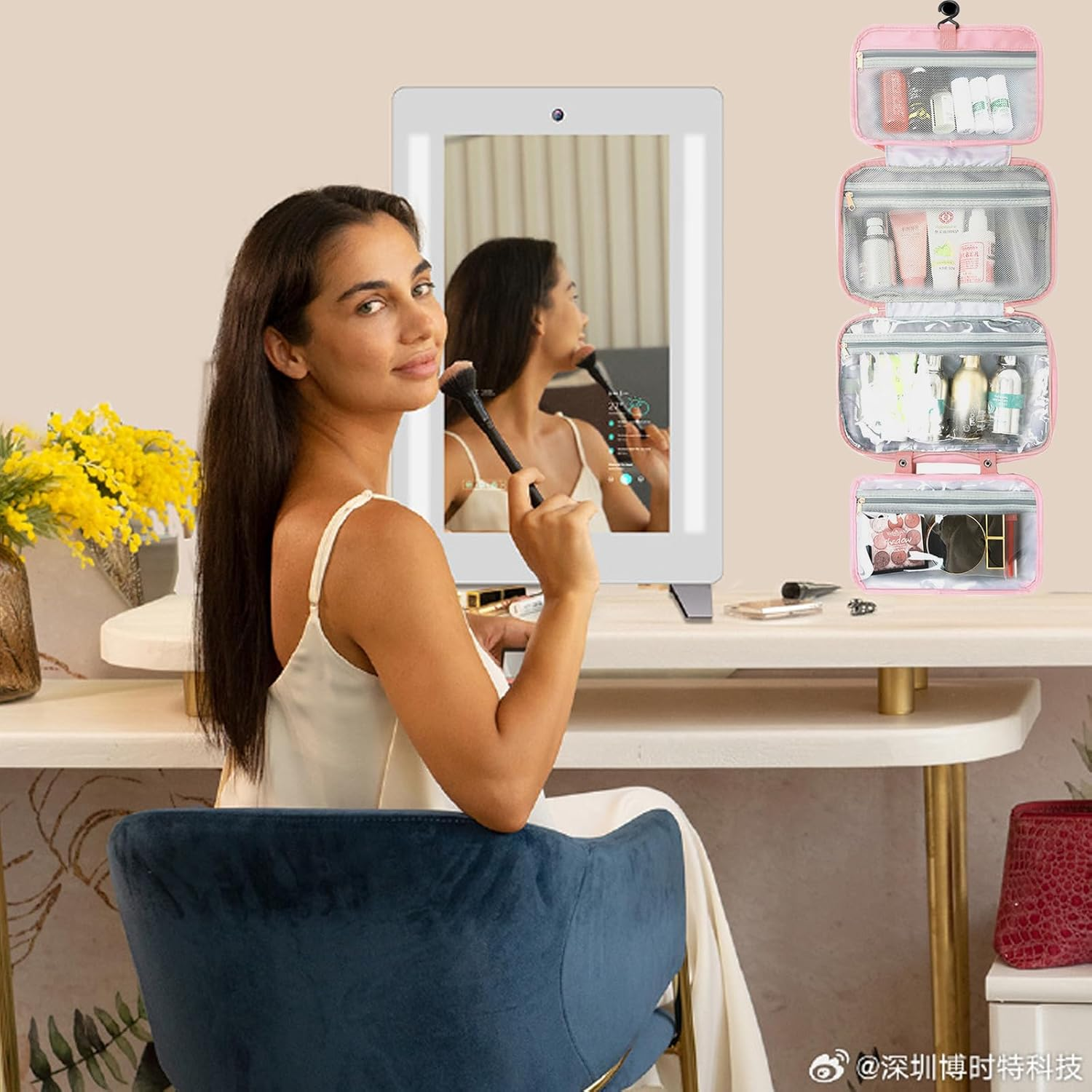 Hanging Toiletry Bag for Women, Waterproof Makeup Organiser with Large Capacity for Travel Essentials, Portable Cosmetic Bag for Camping & Outdoor Trips, Pink - Pink image number 3