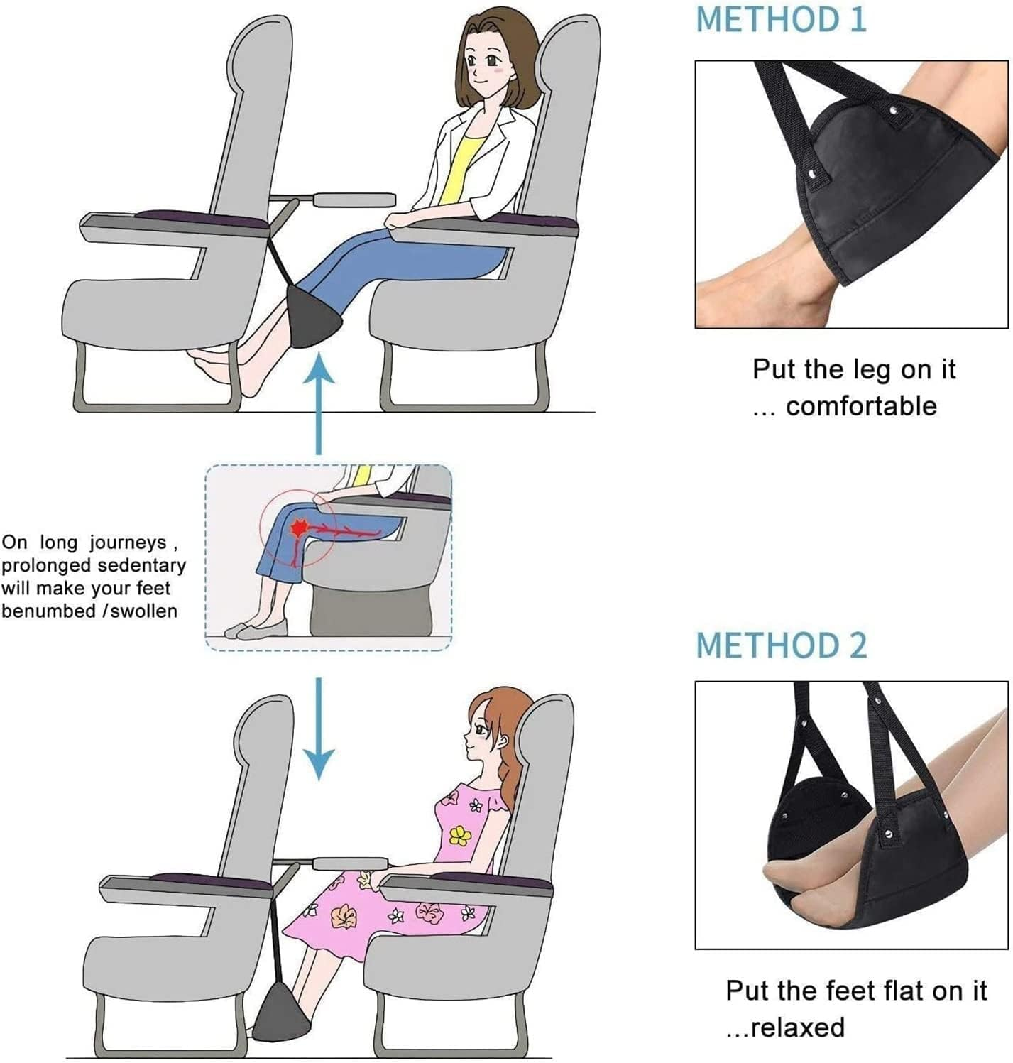 Foot Rest, Portable Travel Footrest Flight Carry-On Foot Rest Adjustable Height Foot Rest Travel Accessories Footrests Hammock, Black. image number 4