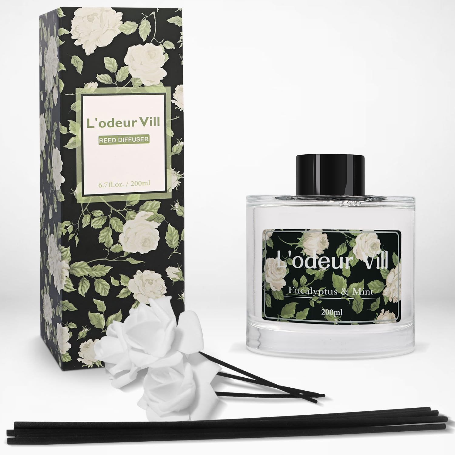 L'Odeur Vill Reed Diffuser Set, 6.7 Oz Eucalyptus & Mint Scented Diffuser with 6 Sticks, Reed Diffuser with 3 Artificial Rose Home Fragrance for Bathroom Shelf Decor