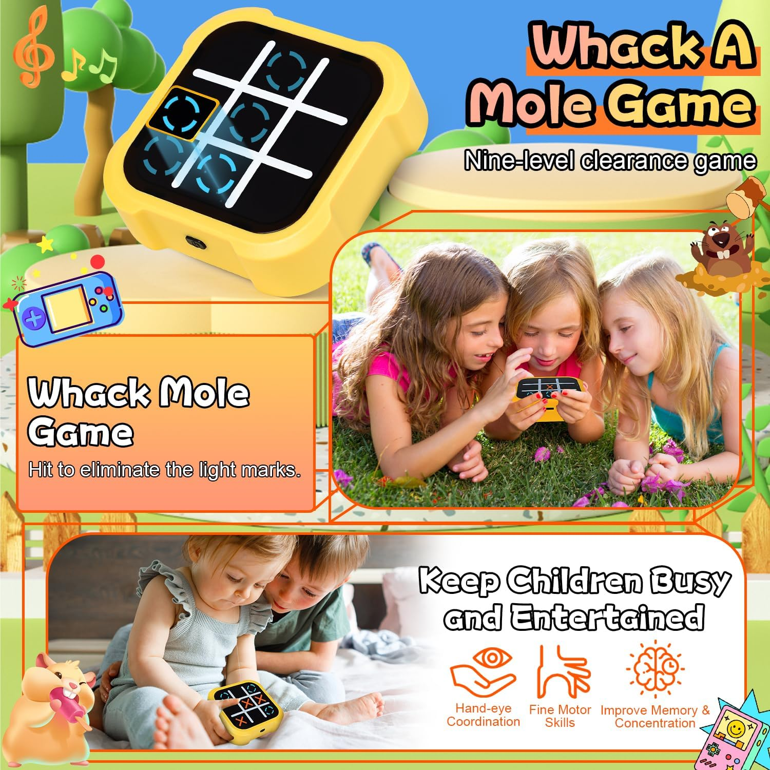 Tic Tac Toe Game, Portable 3-In-1 Puzzle Game Console, Portable Travel Games for Education and Memory Growth, Educational Toy for 3+ Year Olds Boys Girls Adults, Yellow image number 3