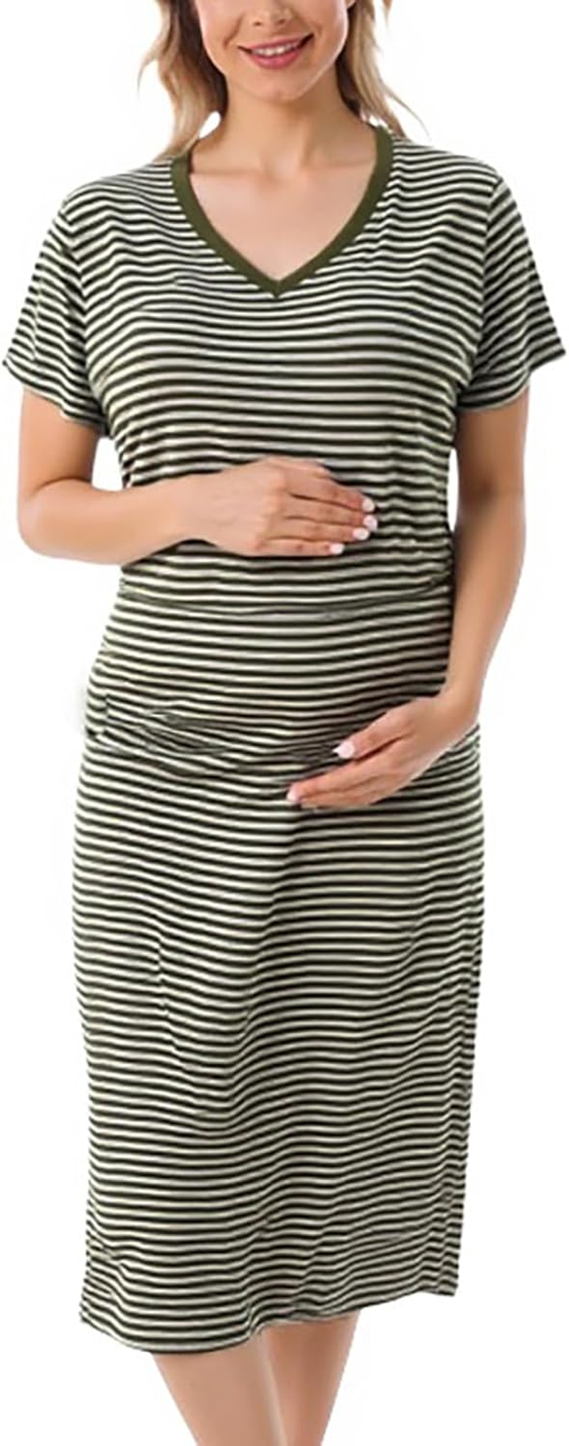 Maternity Striped Long Dress &ndash; Loose Casual Short Sleeve Pregnancy Maxi with V-Neck for Everyday Comfort