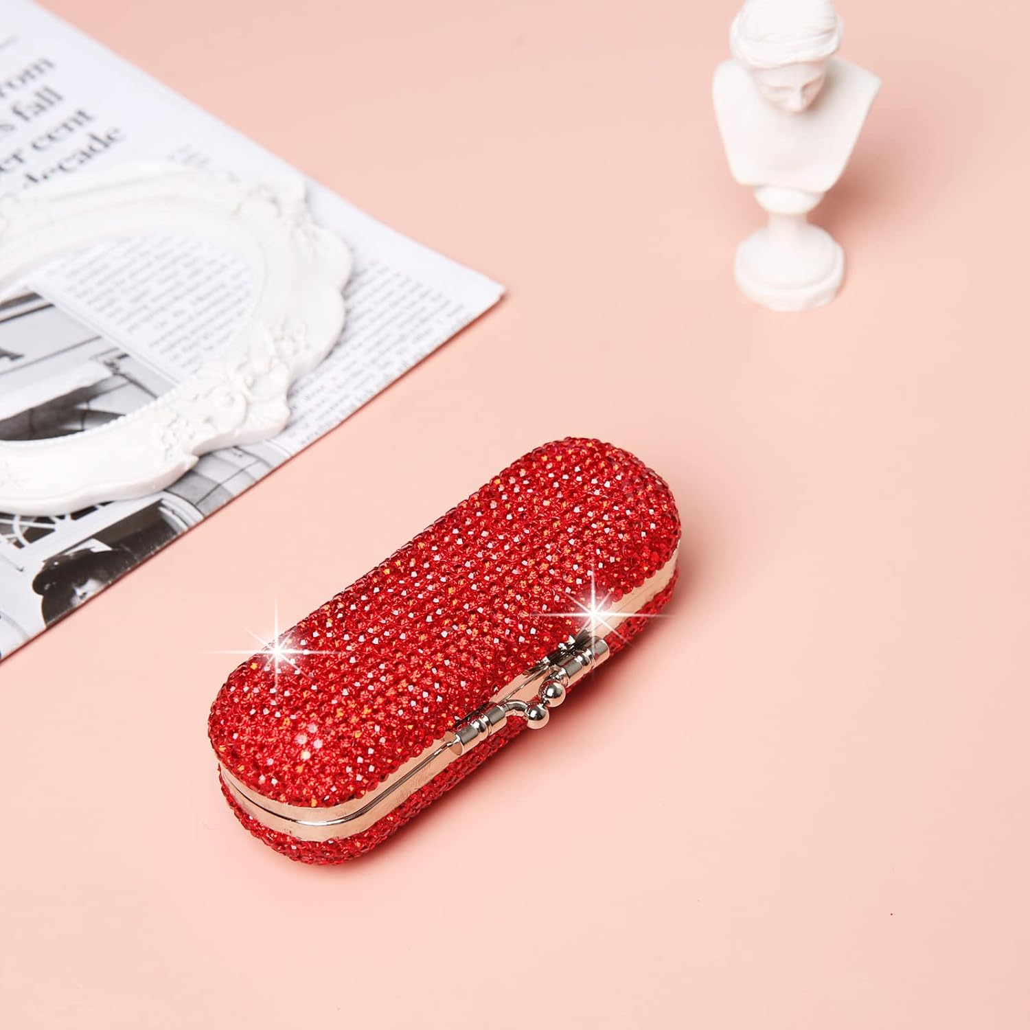 Asalways Shiny Rhinestone Crystal Portable Lipstick Case with Mirror Portable Bling Diamonds Makeup Cosmetic Storage Holder for Travel Ladies Fashion, Red - Red image number 6