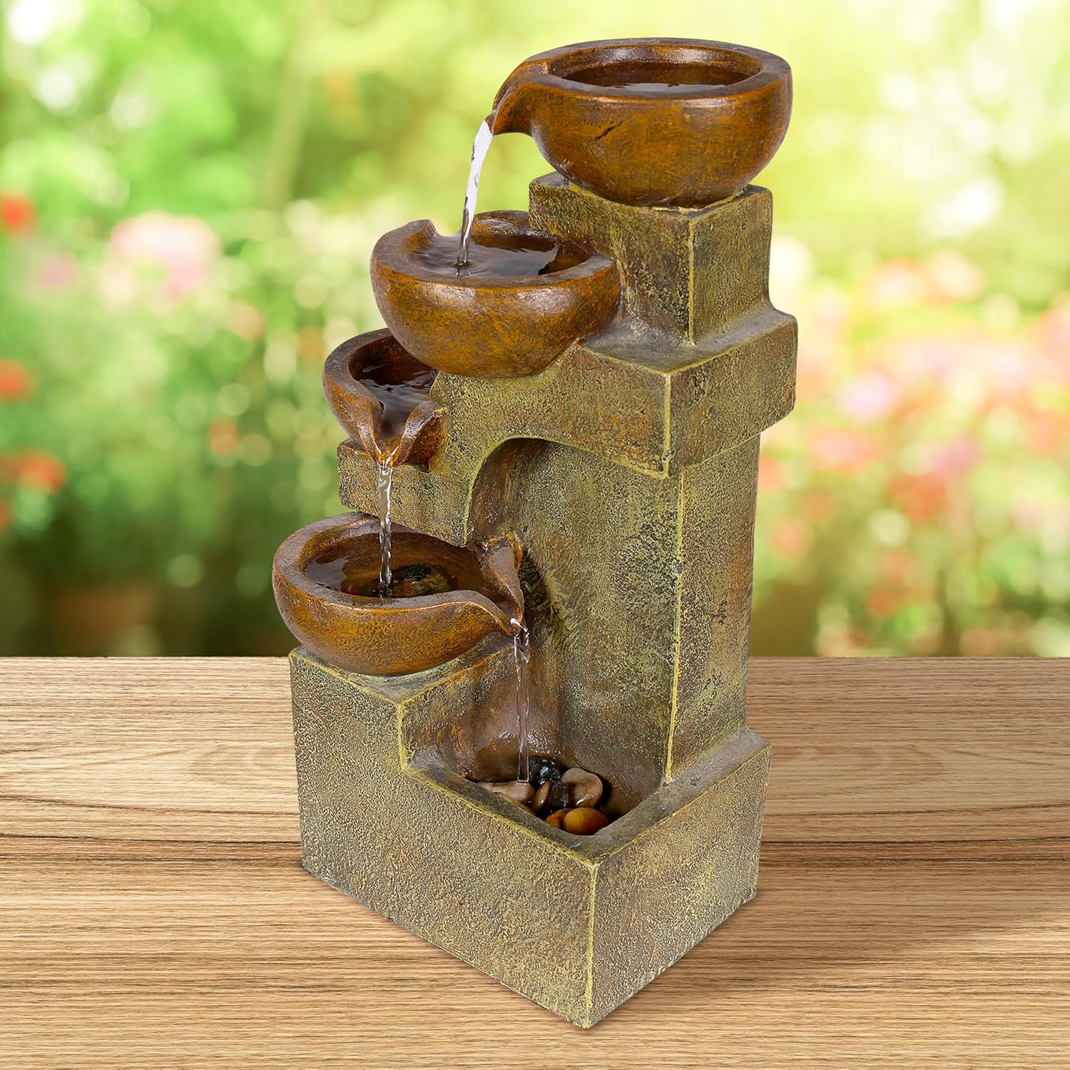 Alpine Corporation WCT726 Indoor/Outdoor Tabletop Tiered Pouring Pots Waterfall Fountain with Natural Stone Look, 16", Brown