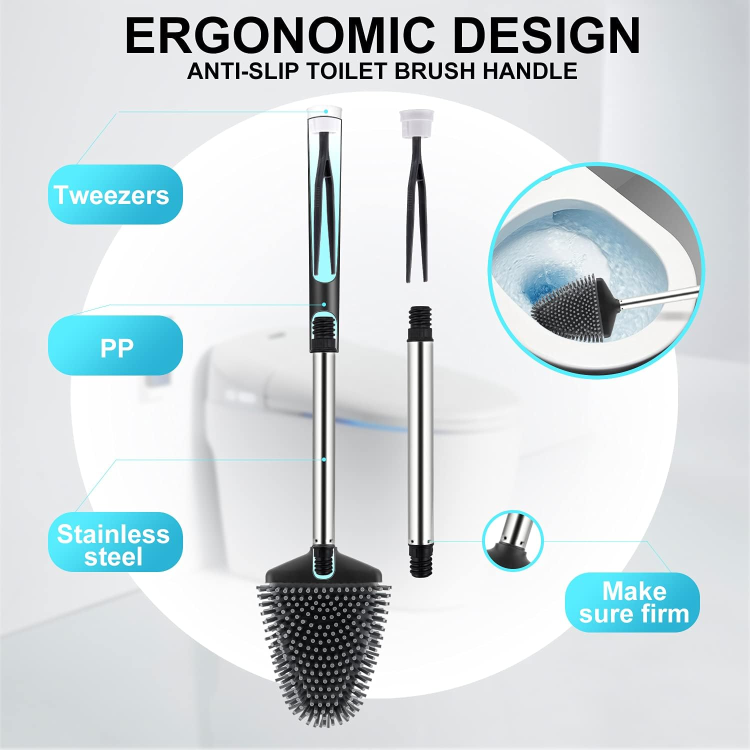 Boperzi Toilet Brush - Silicone Toilet Brush and Holder with Tweezer Wall Mounted, anti Rust Soft Bristles Toilet Bowl Cleaner Brush with Stainless Steel Handle for Bathroom Household Flat Black - Flat/White image number 6