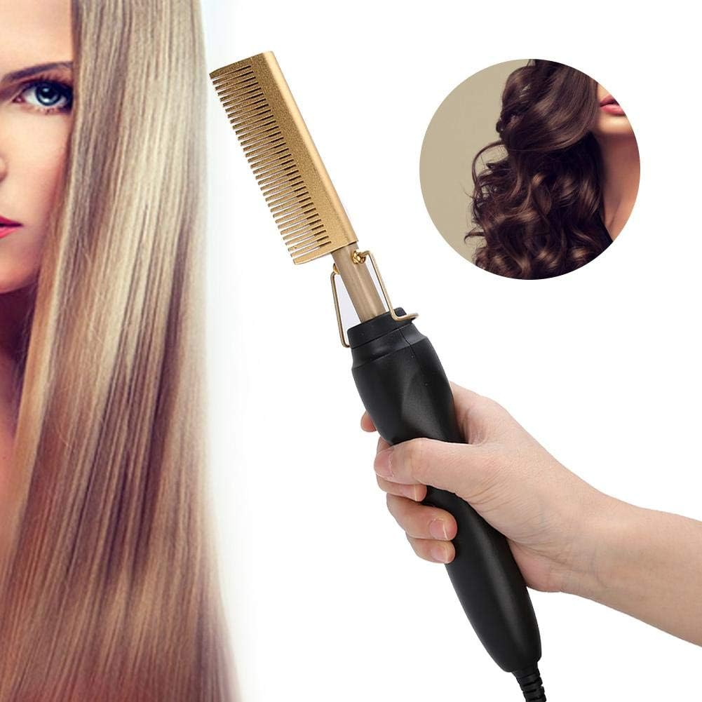 Electric Hot Straightening Heat Pressing Straightener,Multi-Functional Electric Heating Hair Straightener Comb Hair Curler Curling Iron for Black Hair Wigs Beards Dry
