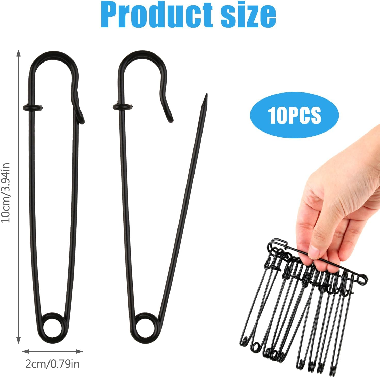 10Pcs Large Metal Safety Pins, 10Cm Metal Spring Lock Pins Brooches Wire Safety Blanket Pins, Extra Large Safety Pin Heavy Duty Safety Pins for Clothes Leather (Black) image number 3