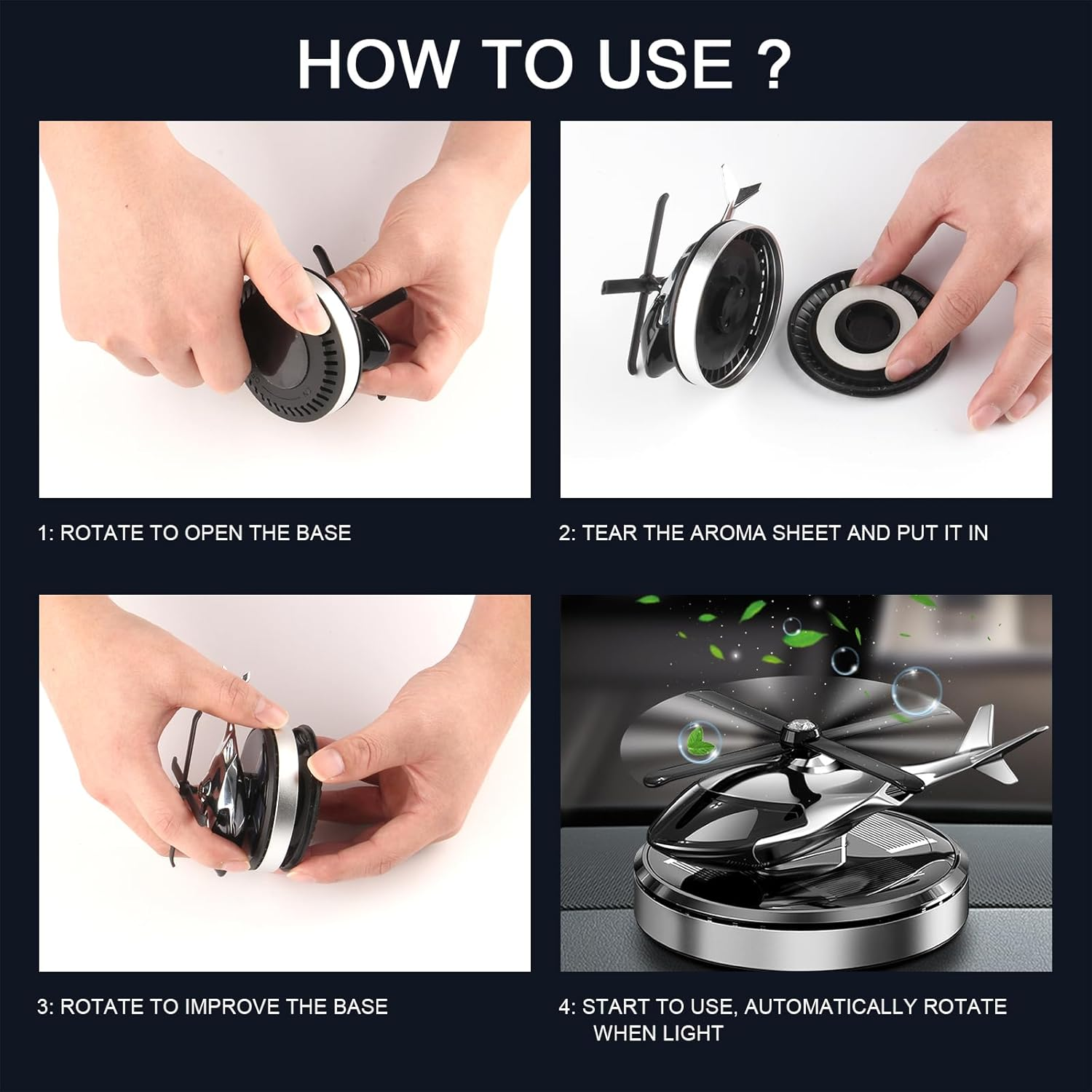 Kaidengzhe Car Air Freshener Diffuser, Solar Energy Rotating Aromatherapy Diffuser, Automotive Aluminum Alloy Interior Accessories, Natural Essential Oil Perfume for Car & Home with 3 Fragrant Tablets image number 2