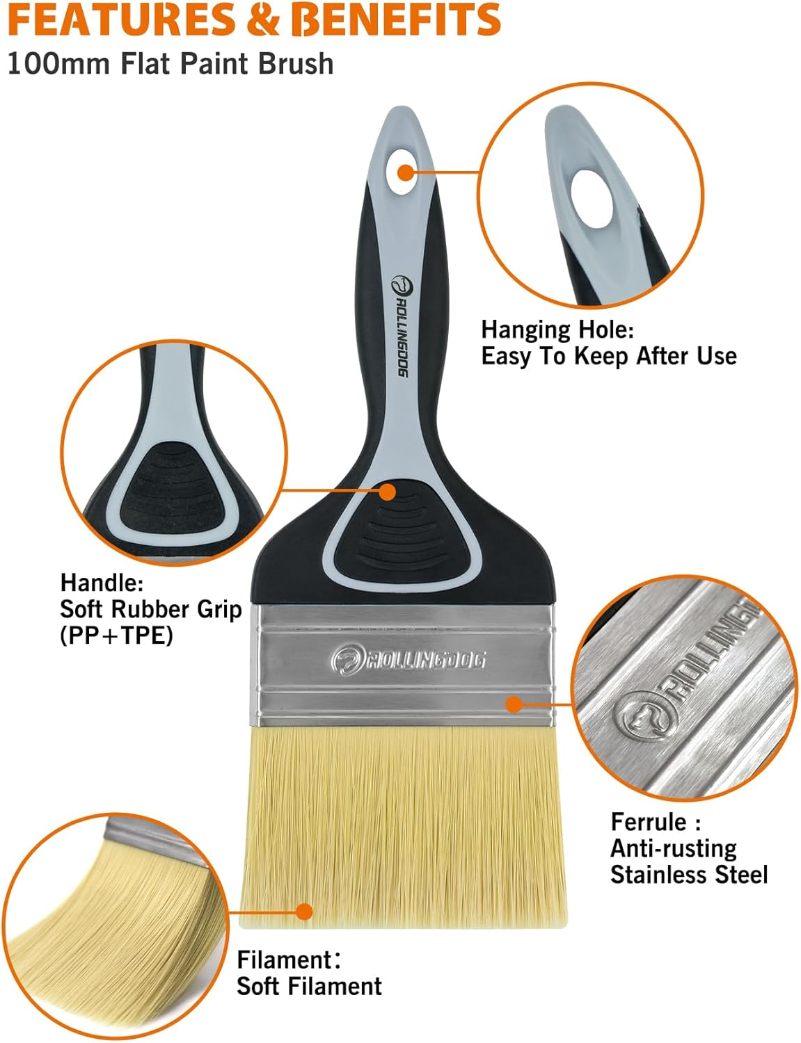 ROLLINGDOG Large Paint Brush- Soft Paint Brush for Smooth Surfaces,Wall Paint,Ceiling,Blinds,Large Surface Areas(100Mm) - 4 Inch Soft Filament image number 2