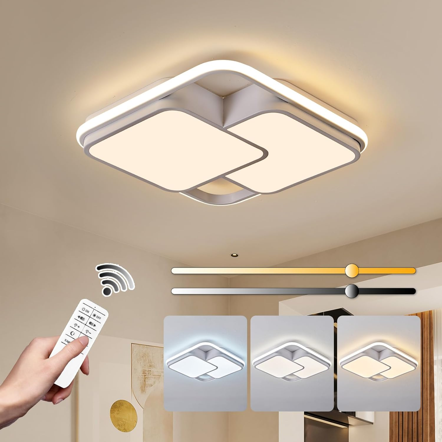 Modern LED Ceiling Light Fixture, Dimmable Black Flush Mount Ceiling Light with Remote, 60W Upgraded Square Bedroom Ceiling Lamp LED Chandelier for Living Room Kitchen Hallway,15.7''