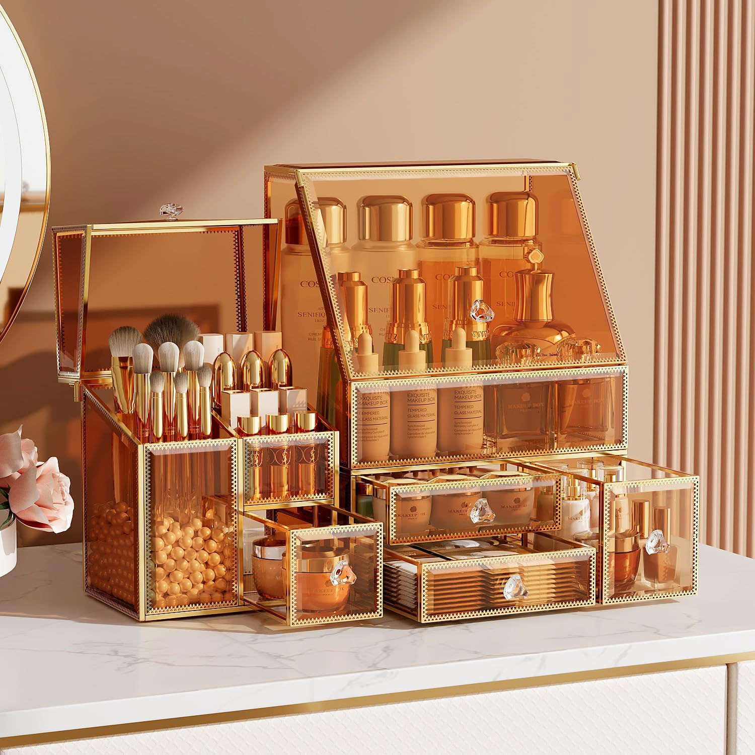 Coralhouse Clear Makeup Organizer with Gold Frame &ndash; Countertop Vanity Organizer for Skincare, Lipsticks, Perfume & Brushes &ndash; Bathroom Cosmetic Storage Display Box