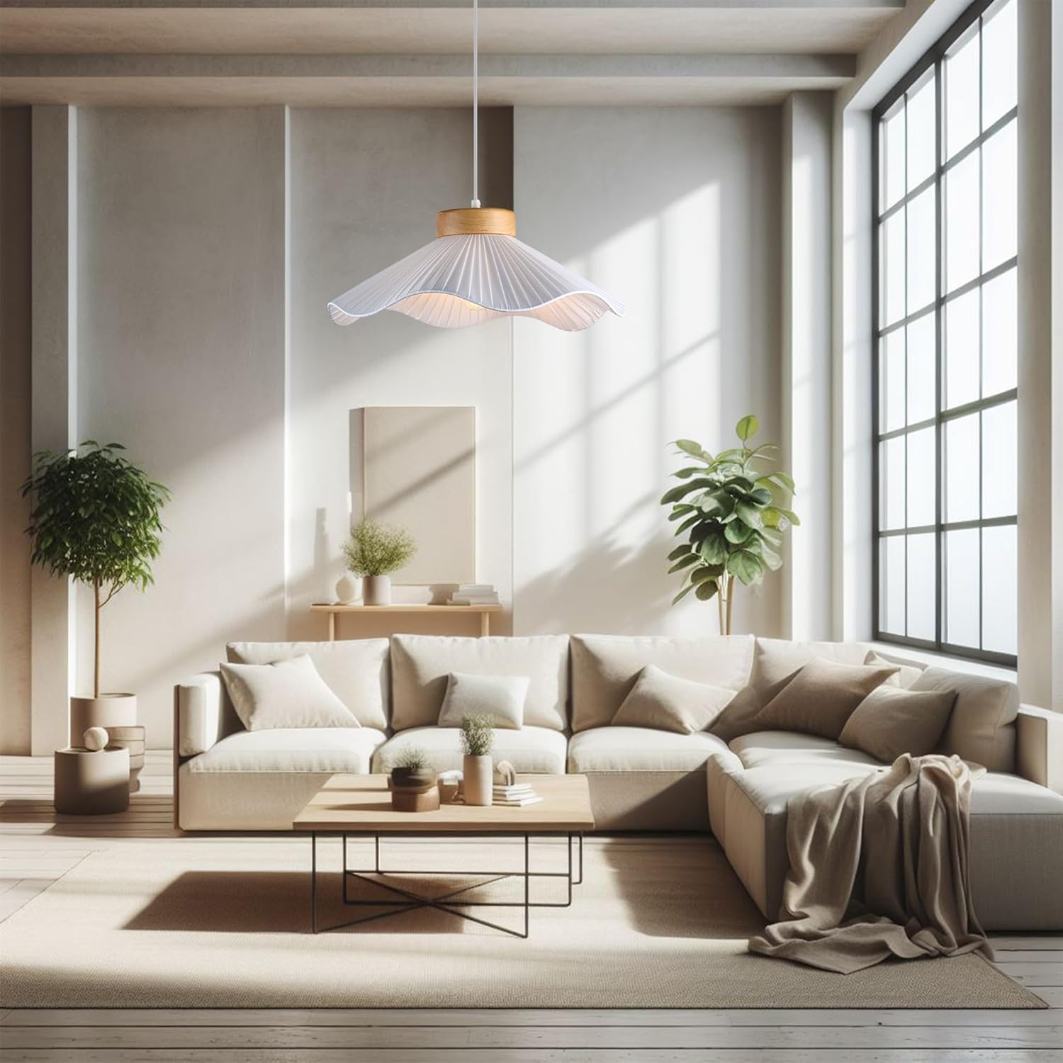 Lexi Lighting Seraphina Pendant Light, Large White Pleated Wave Fabric Lampshade, Wood Metal Ceiling Lamp, Overall Height 170Cm, Nordic Hanging Lighting Fixture for Indoor Kitchen Island Dining Table image number 2