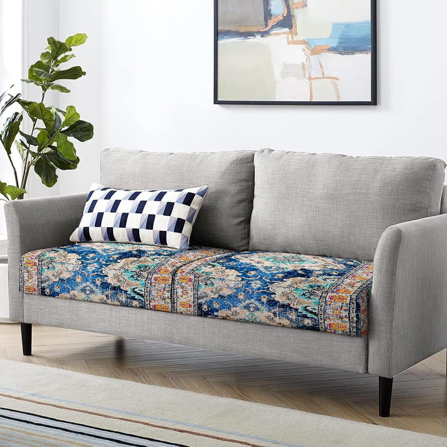 SZXYCZL 3PCS Boho Printed Sofa Cushion Covers, Cute Carpet Pattern Printed Washable Elastic Couch Cover, Indoor and Outdoor Sofa Cover-Dark Blue image number 6