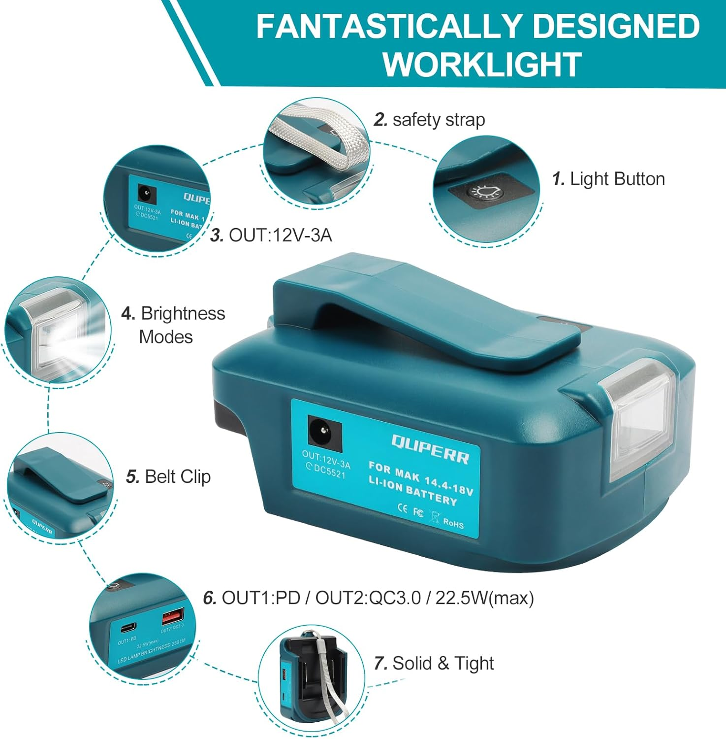 QUPPER - Adp05 Power Source Battery Adapter Work Light Converter for Makita 14.4V & 18V Battery with a Pair of USB Phone Charger Interface, with DC Cordless Port Torch image number 6