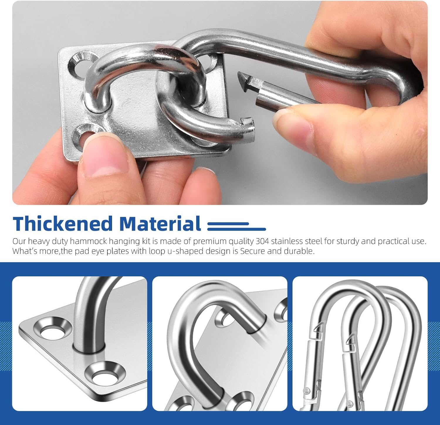 Glarks 40Pcs M8 Stainless Steel Pad Eye Plate Hook and Snap Hook Kit, Square Eye Plate U Hooks Heavy Duty Ceiling Hooks and Carabiner Clips Snap Hook for Ceiling, Mounting Hanging Hardware