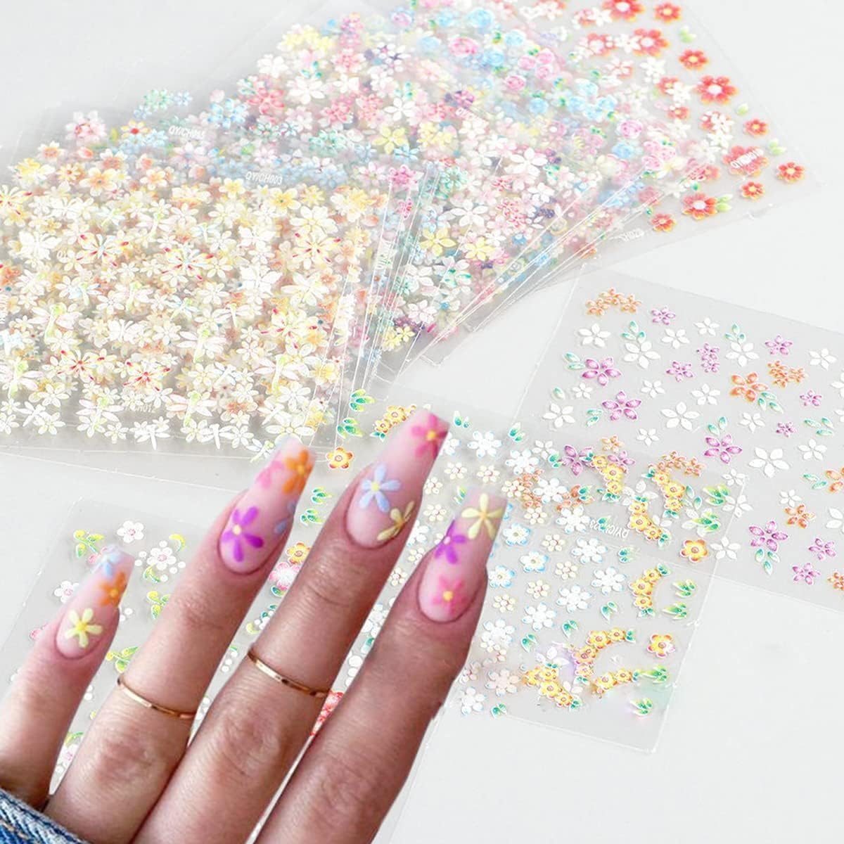 30Sheets Colorful Flower Nail Art Stickers 3D Self Adhesive Nails Decals Nail Art Supplies Colorful Flower Stickers Daisy Floral Bow Tie Heart Nail Designs Manicure Tips Nail Decoration image number 3