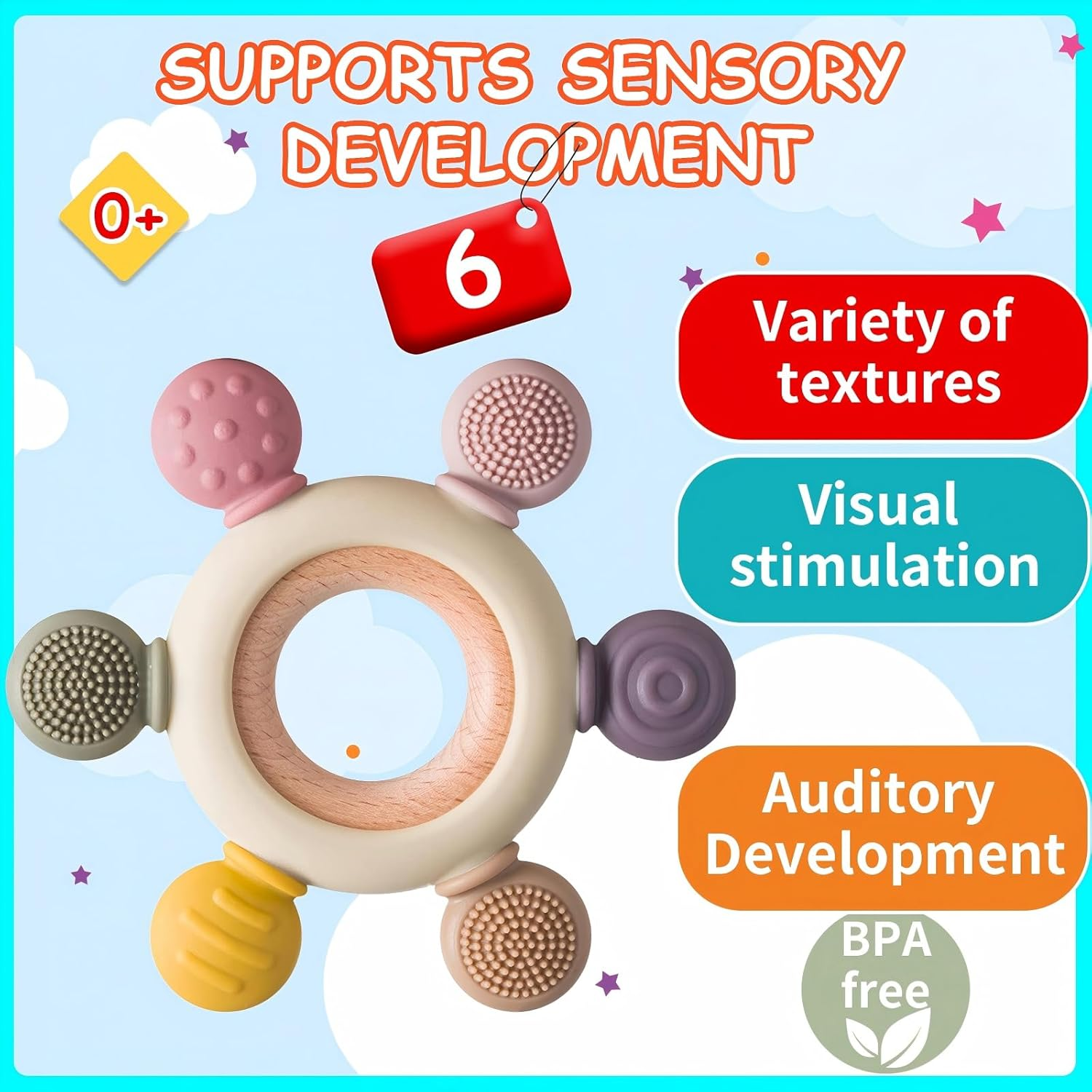 Baby Teething Toys, Silicone Rudder Toy with Wooden Rings for Soothing Teething Pain Relief, Grasping Ring Teething Toy, BPA Free Teething Newborn Accessories, for Lnfants & Toddlers 6+ Months image number 2