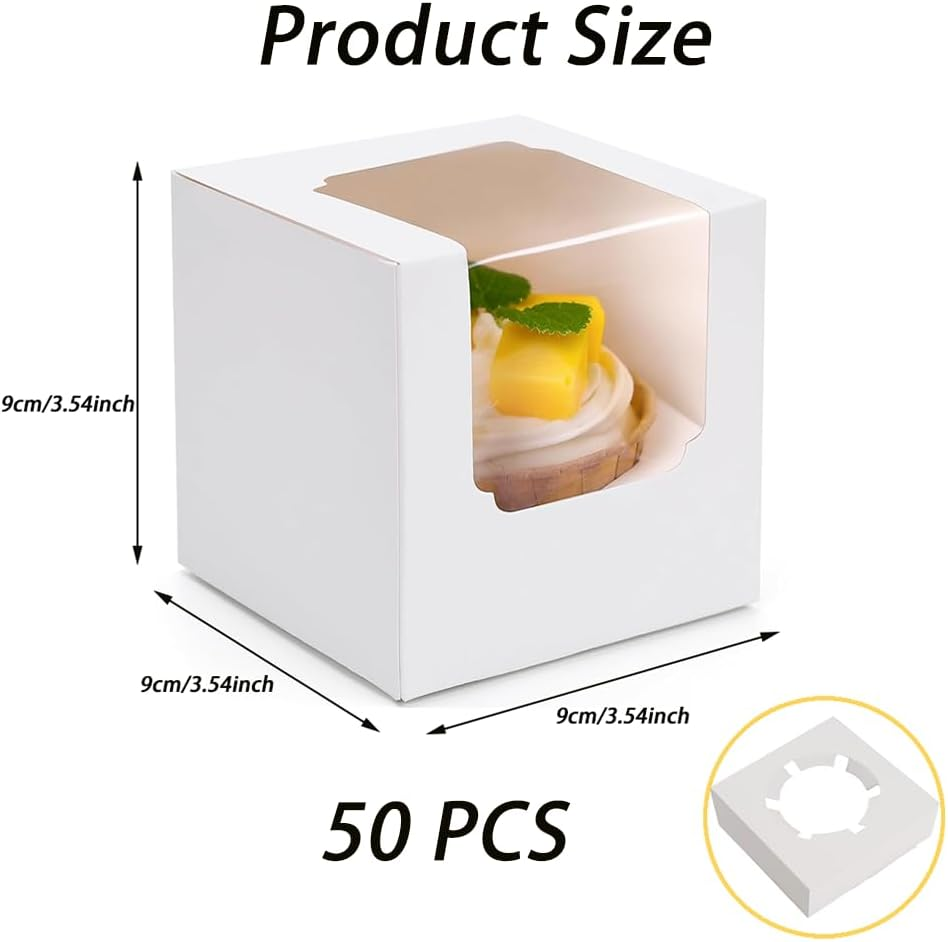 50 Pcs White Cupcake Boxes, Translucent Paper Cupcake Boxes, Cupcake Boxes with Window, Small Dessert Box with Inner Tray, Individual Cupcake Containers, for Wedding, Birthday Party Etc
