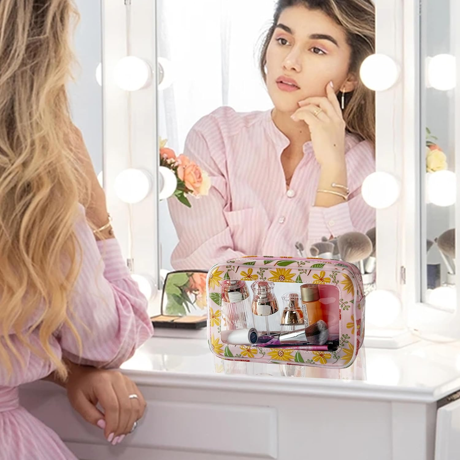 Toteprint Transparent Waterproof Cosmetic Bag Made of PVC with Floral Pattern, 21 X 13.5 X 7 Cm, Travel Organiser for Day Care, Men and Women, Red Flowers, Modern image number 2