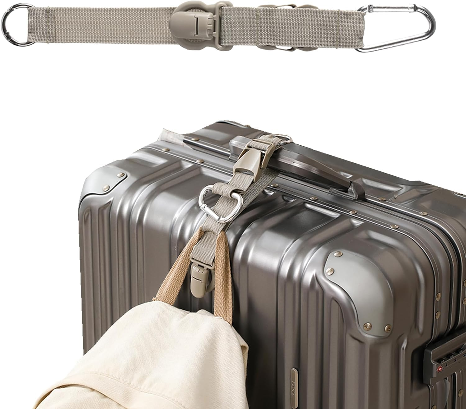 TSA Approved Luggage Straps for Suitcases - Adjustable Travel Belt with Hat Clip, Bag Extender & Silicone Bottle Holder, Carry on Bag Accessories (Grey) image number 2