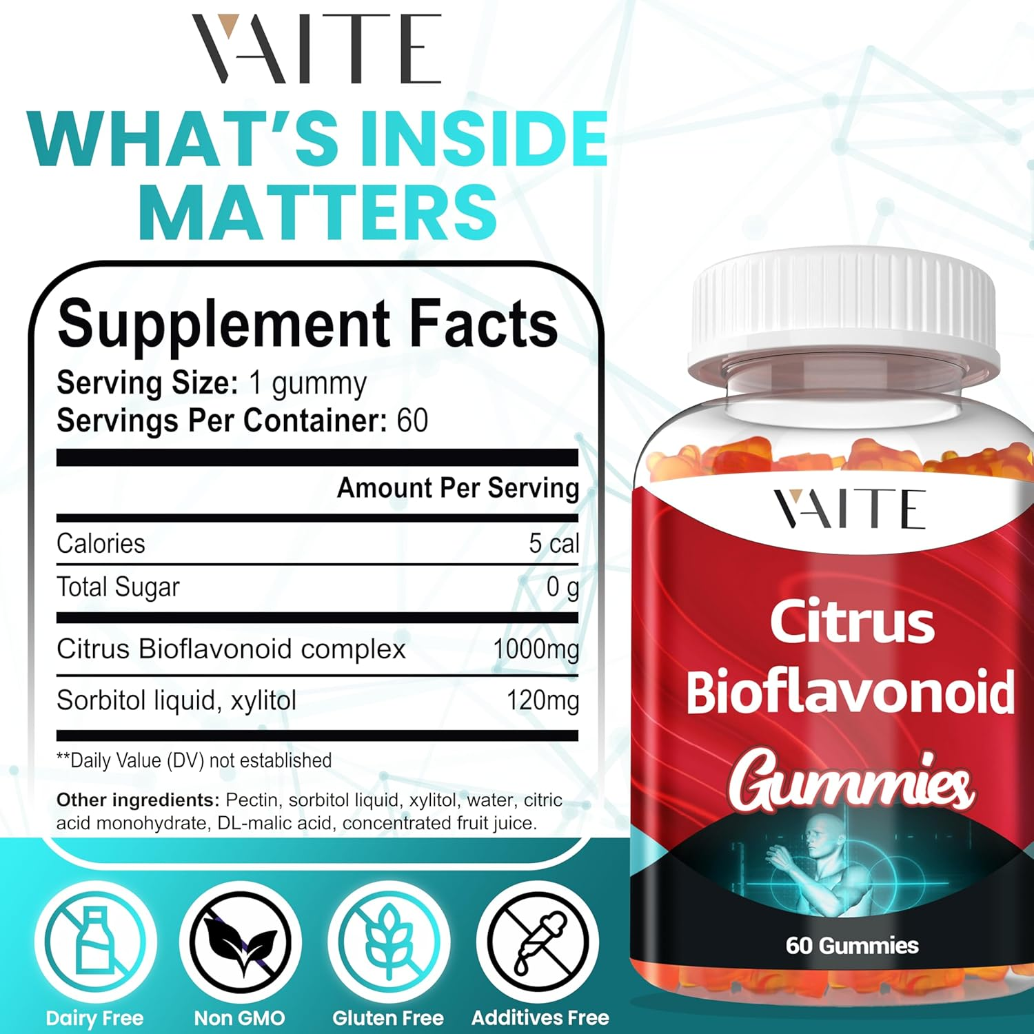 Citrus Bioflavonoid Complex Supplement 1000Mg &ndash; Antioxidant & Wellness Gummies with Plant-Based Bio-Flavonoids &ndash; Sugar-Free, Chewable Formula, Non-Gmo, Gluten-Free, Soy-Free &ndash; 60 Vegan Chews image number 3