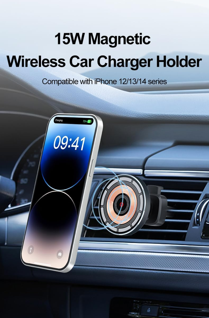Magnetic Car Mount Wireless Charger for Iphone 12/13/14/15/16, 15W Fast Charging, Qi Compatible, Vent Mount image number 2