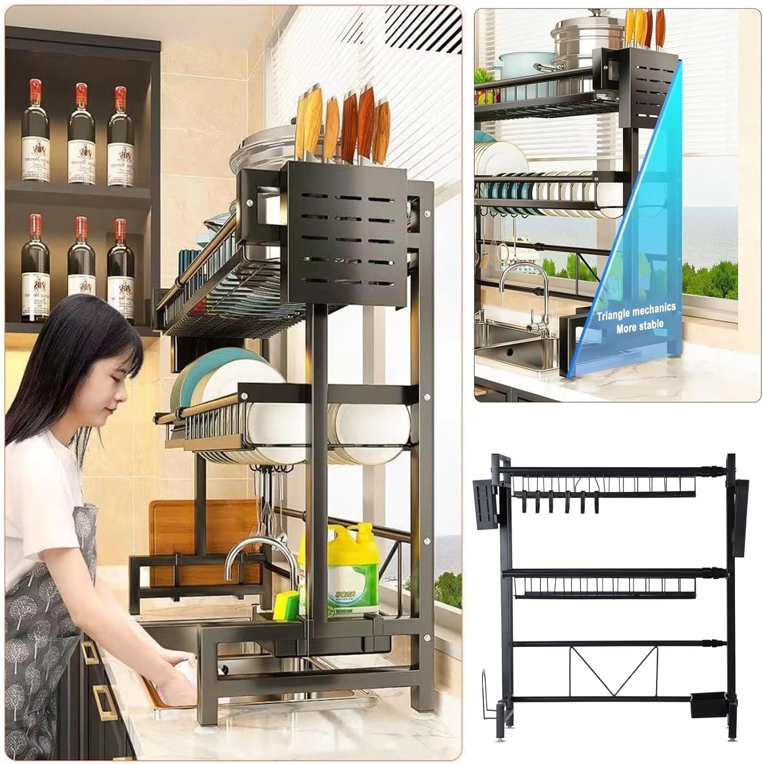 Over the Sink Dish Drying Rack, Telescopic, 2 Tier High Capacity Dish Rack, Kitchen Countertop Storage Rack, Plate Bowl Basin Double Storage Supplies image number 2