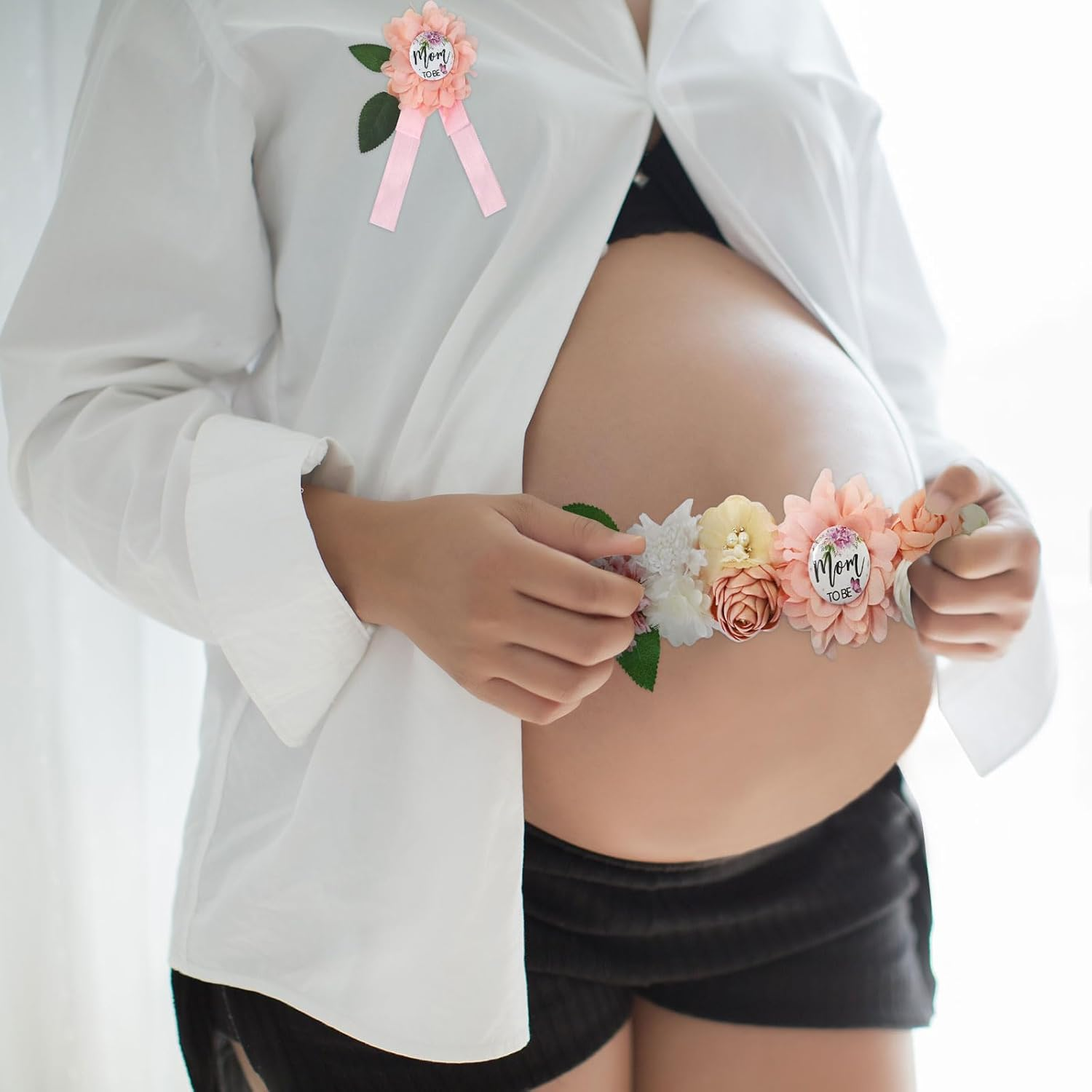 Pink Butterfly Maternity Sash Corsage Set &ndash; Baby Shower Floral Belly Band image number 1