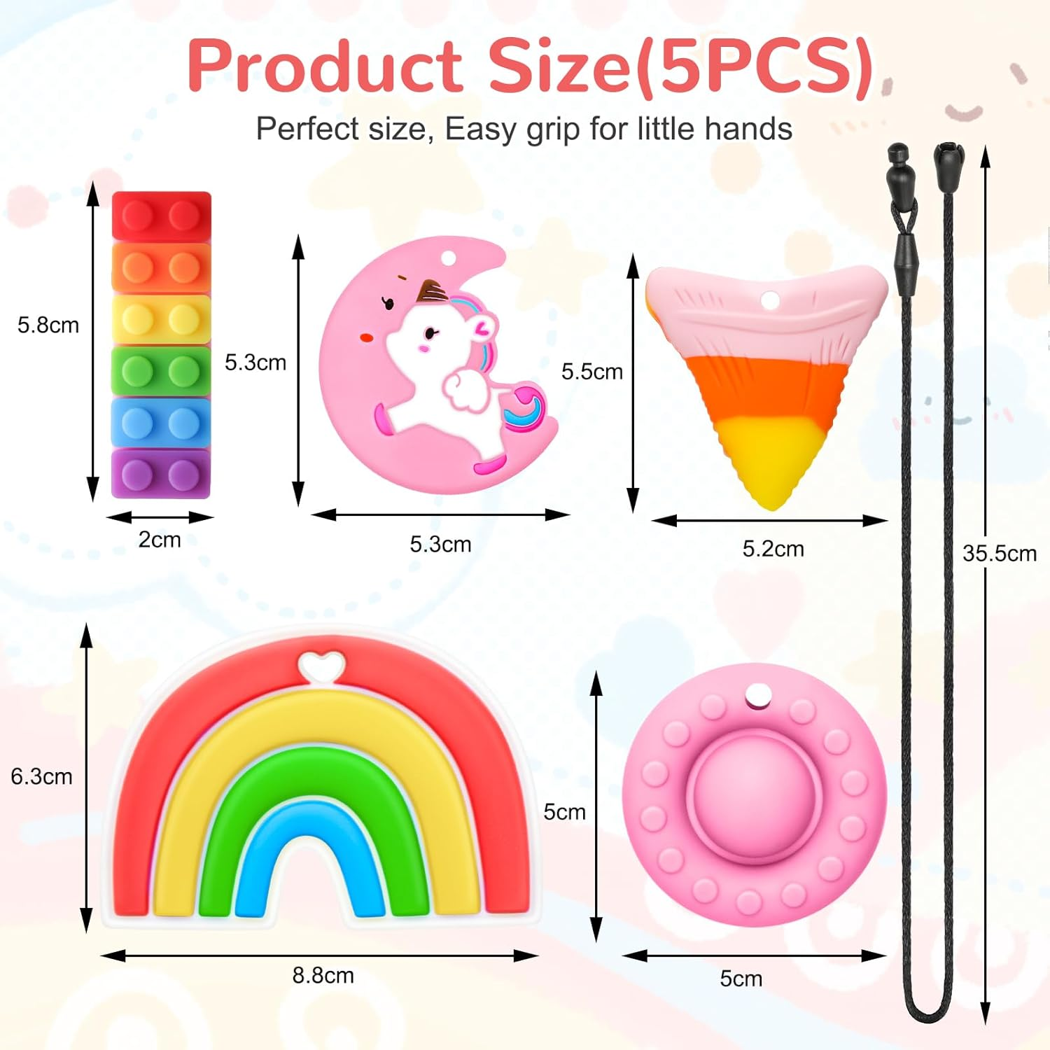 Chew Necklaces for Adults and Babies - Rainbow Building Blocks 5 Piece Set, Bpa-Free Silicone Sensory Chew Necklaces for Anxiety Relief, Easy to Hold, with Massage Blocks to Relieve Teething Pain image number 3