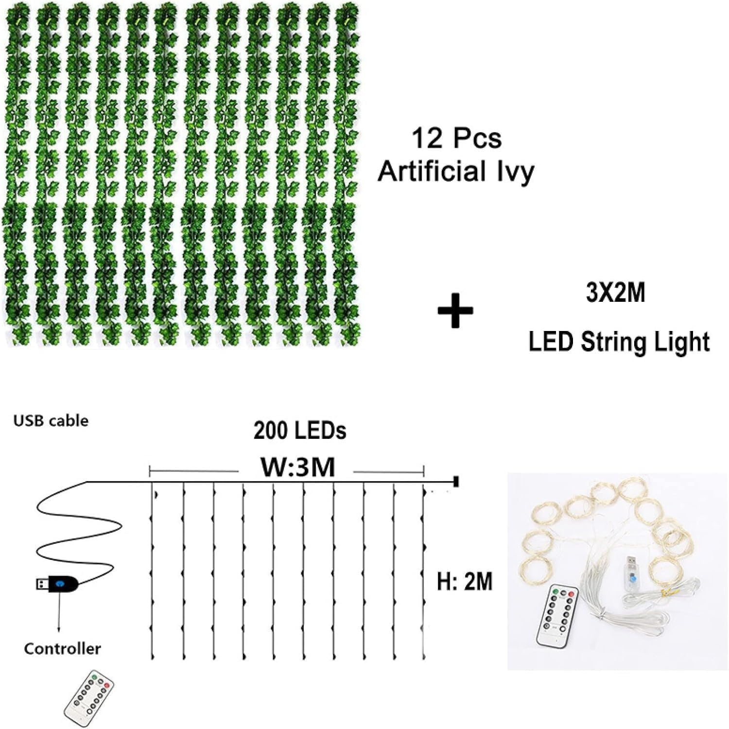 SOVYOULIVE 12 Packs Artificial Ivy, 84FT Garland Hanging Plants Fake Vines with 200 LED String Light for Bedroom Wedding Party Garden Wall Room Home Decor