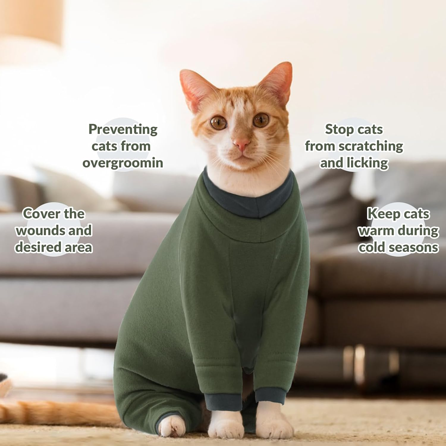 Kitten Clothes, Soft Pajama Winter Jacket Kitten Onesie Overall Four-Legged Warm Clothes Cat Recovery Suit Female after Surgery Hair Sticky Onesie(Army Green, XS) image number 6