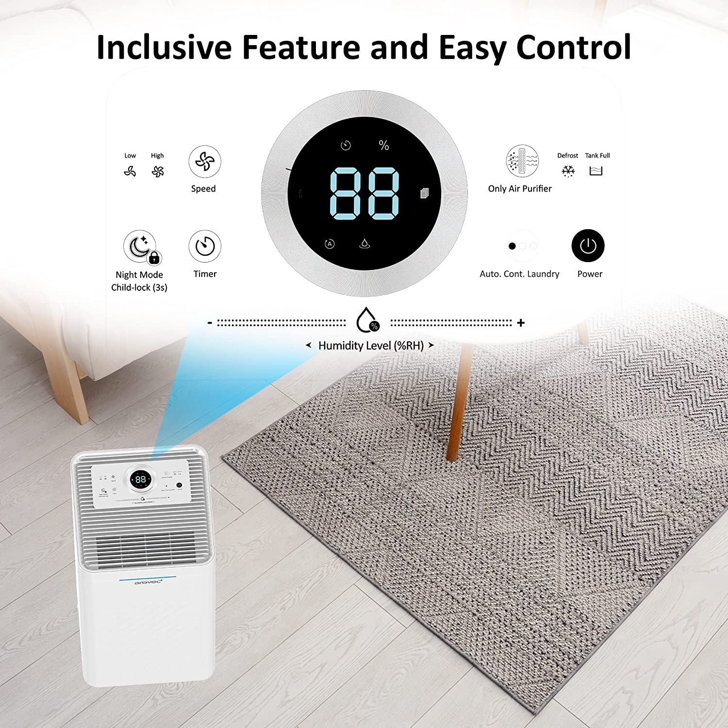 AROVEC 16L Smart Dehumidifier with Air Purifier Washable Preliminary Filter, True HEPA & Activated Carbon Filter, 2500Ml Water Tank, Large Dehumidification Capacity Covers up to 50M2, 2-Yr Warranty image number 2