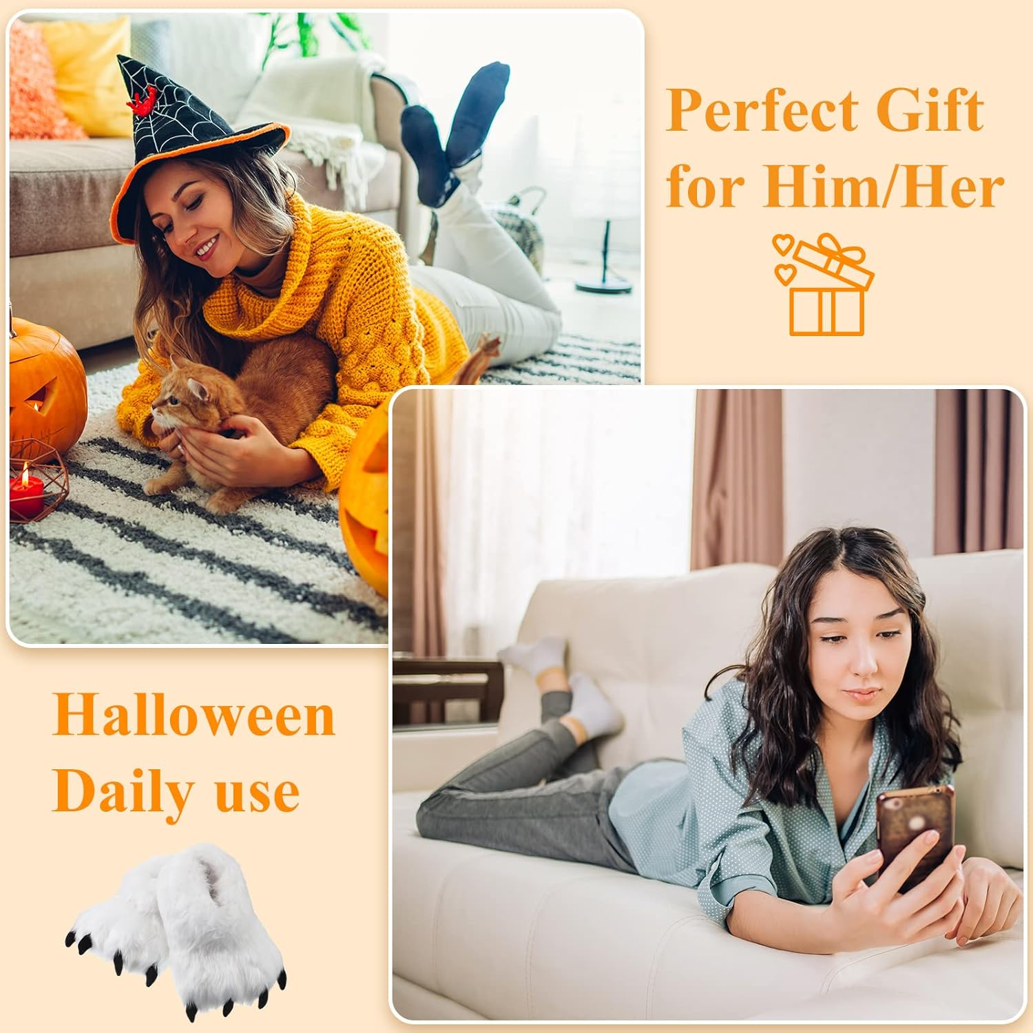 Winter Animal Paw Shoes Funny Fluffy Bear Slippers Plush Bear Shape Paw Claw Non Slip Slippers Unisex Cute Costume House Shoes for Christmas Birthday Party Cosplay, Women 6.5-8.5, Men 6-7, Black and White