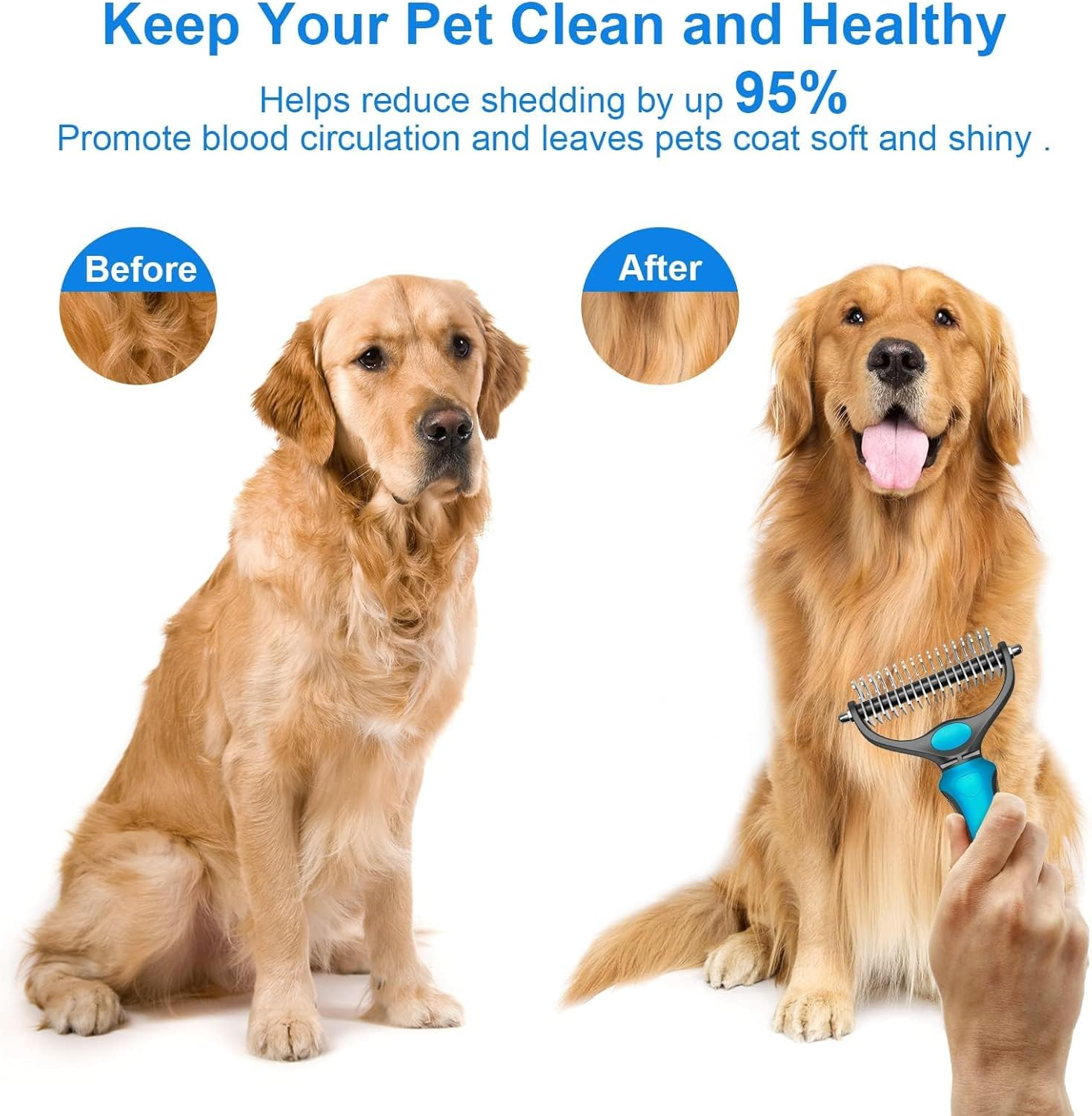 Pet Grooming Brush - Double Sided Shedding, Dematting Undercoat Rake for Dogs, Cats - Extra Wide Dog Grooming Brush, Dog Brush for Shedding, Cat Brush, Reduce Shedding by 95%, Blue image number 5