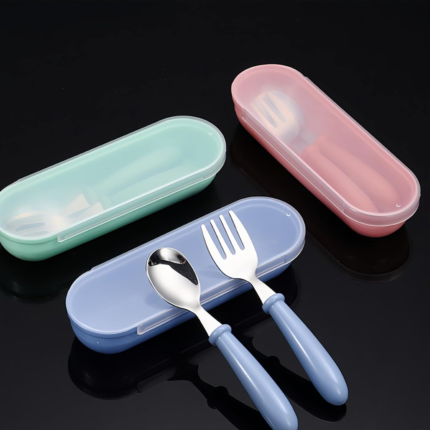 Taoluwin 1Sets Toddler Cutlery, Kids Cutlery Set, on the Go Fork and Spoon Set, Toddler Silicone Stainless Steel Utensils Spoon Fork, for Baby Toddler BPA Free with Silicone Holding image number 2