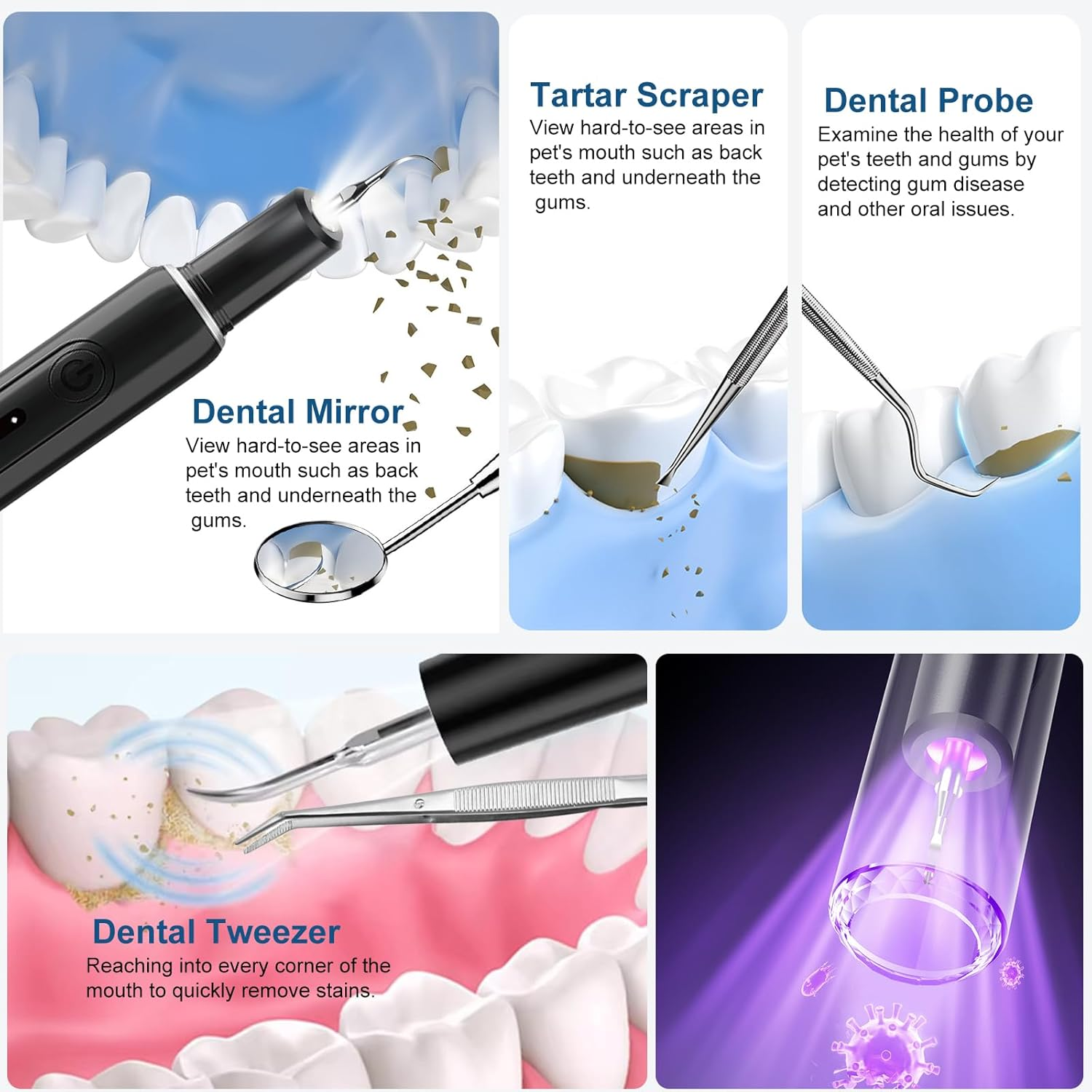 Dog Tartar Remover for Teeth, with LED Light, Dog Teeth Cleaning Kit Plaque and Tartar Remover, Pet Tooth Brushing Kit with 5 Modes for Dogs and Cats image number 6
