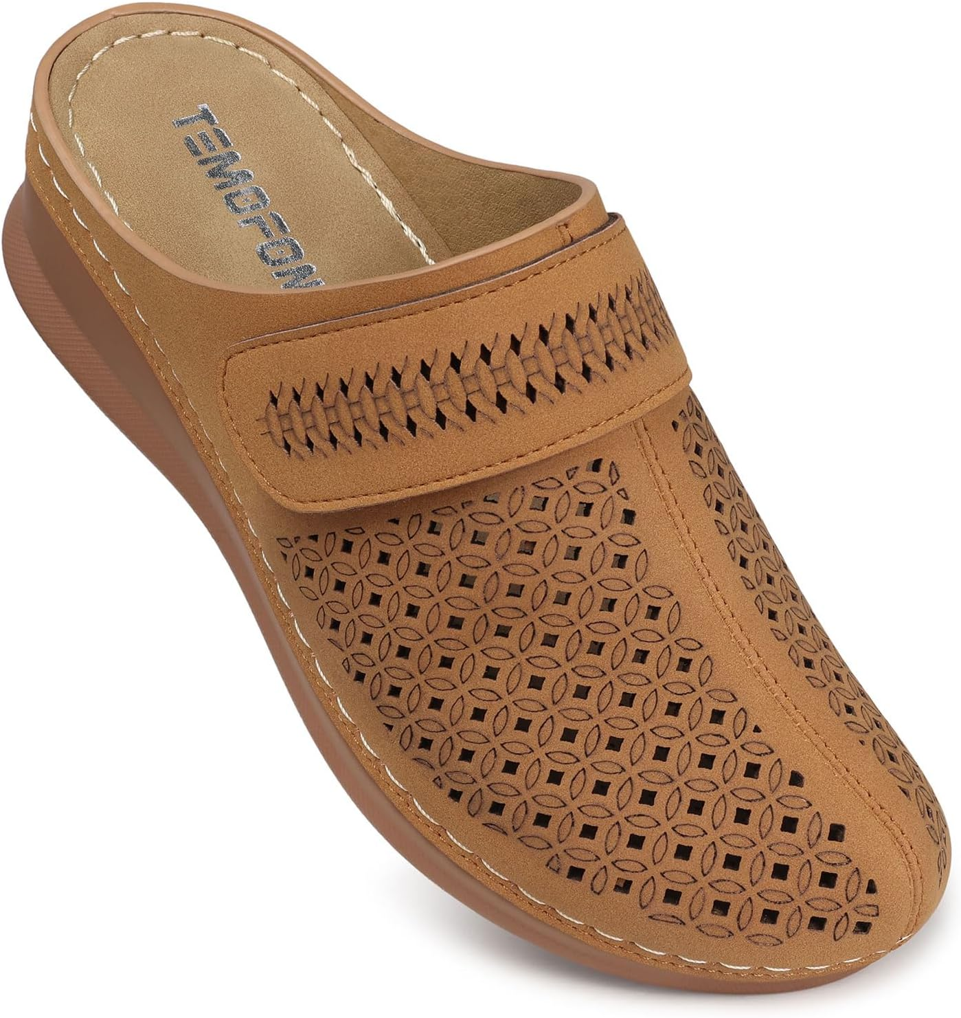 TEMOFON Mules for Women Slip on Sandals: Comfortable Clogs with Arch Support Leather Flats Closed Toe Sandals Shoes