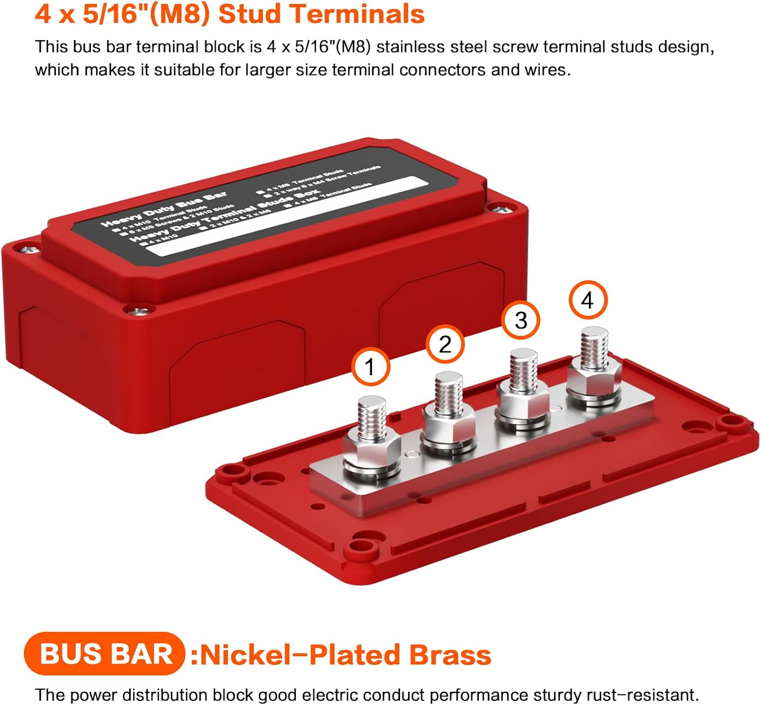 300A Bus Bar Box Heavy Duty Module Design Nickel Plated Brass Buss Battery Power Distribution 4Xm8(5/16") Stainless Steel Terminal Studs Marine Ground DC12 24 48V（Red） - Redblack image number 6