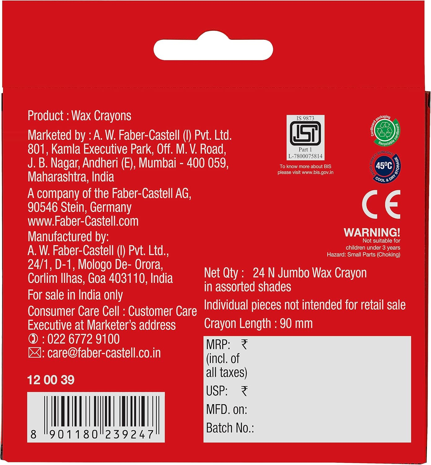 Faber Castell Jumbo Wax Crayons - 24 Shades