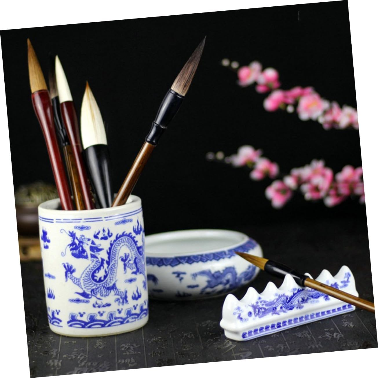 TEHAUX Blue and White Porcelain Pen Holder Ceramic Retro Writing Supply Antique Decor for Desk Storage Box Lid