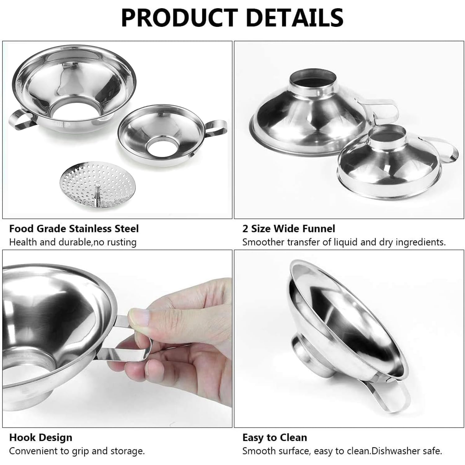 Yharnamite 2 Pcs Canning Funnel with 1 Pcs Strainer, Wide Mouth Metal Funnels for Kitchen Use, Stainless Steel Funnels for Filling Bottles image number 1